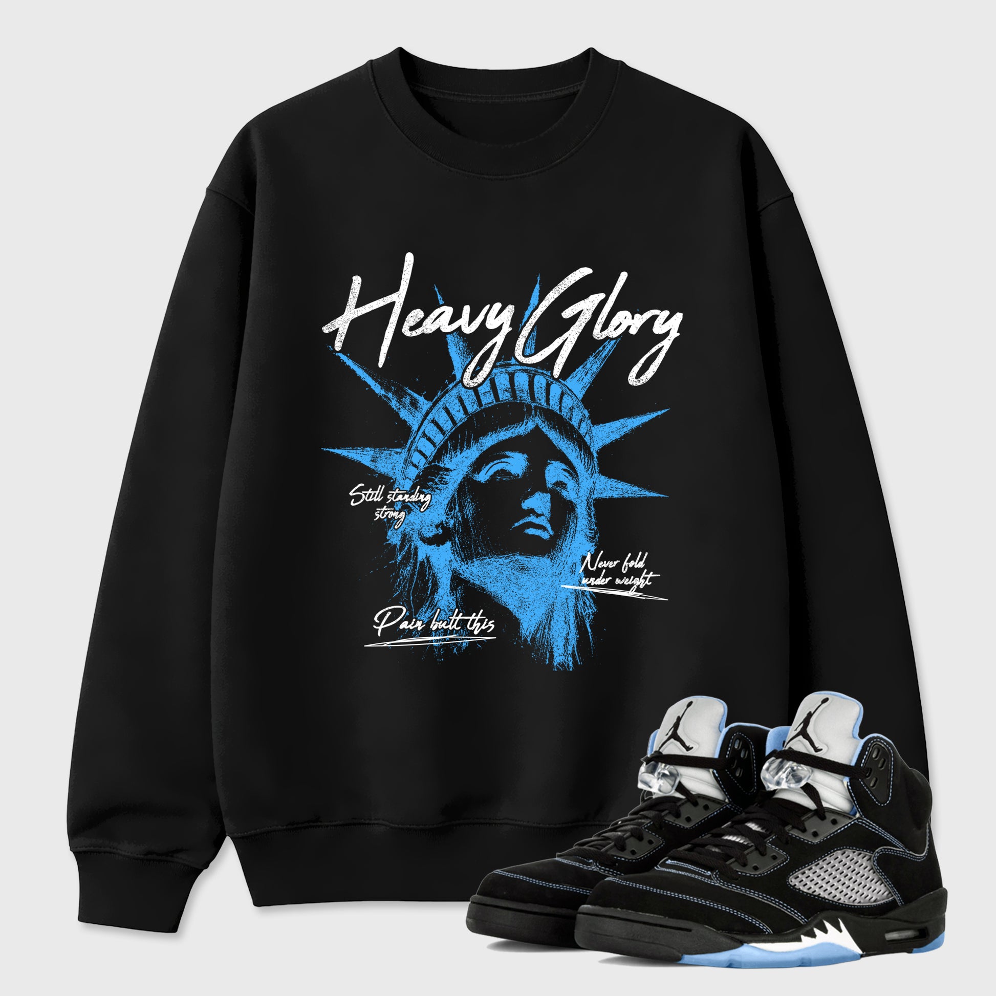 Heavy Glory Graphic T-Shirt sneaker match tee designed for the Air Jordan 5 Black Univiersty Blue, featuring coordinated color options for a perfect streetwear match. Black 1 shirt.
