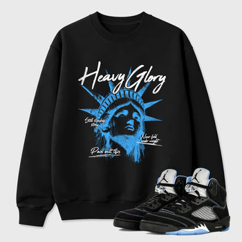 Heavy Glory Graphic T-Shirt sneaker match tee designed for the Air Jordan 5 Black Univiersty Blue, featuring coordinated color options for a perfect streetwear match. Black 1 shirt.