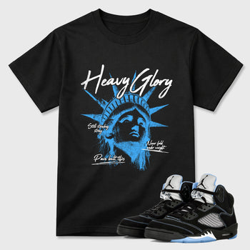 Heavy Glory Graphic T-Shirt sneaker match tee designed for the Air Jordan 5 Black Univiersty Blue, featuring coordinated color options for a perfect streetwear match. Black 1 shirt.