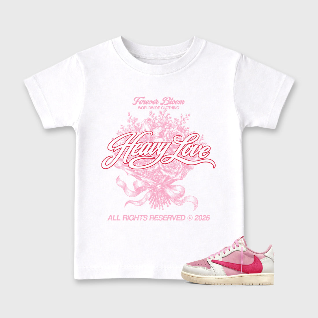 Heavy Love affordable baby and kids t-shirt designed to match the Air Jordan 1 Travis Scott Tropical Pink, featuring coordinated White 1 options for the perfect little sneakerhead streetwear look.