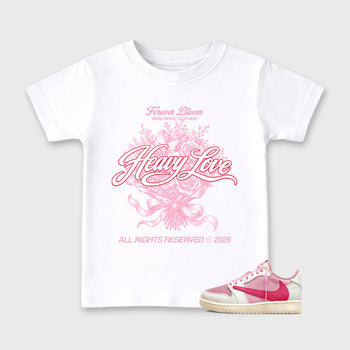 Heavy Love affordable baby and kids t-shirt designed to match the Air Jordan 1 Travis Scott Tropical Pink, featuring coordinated White 1 options for the perfect little sneakerhead streetwear look.