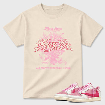 Heavy Love Graphic T-Shirt sneaker match tee designed for the Air Jordan 1 Travis Scott Tropical Pink, featuring coordinated color options for a perfect streetwear match. Natural 1 shirt.