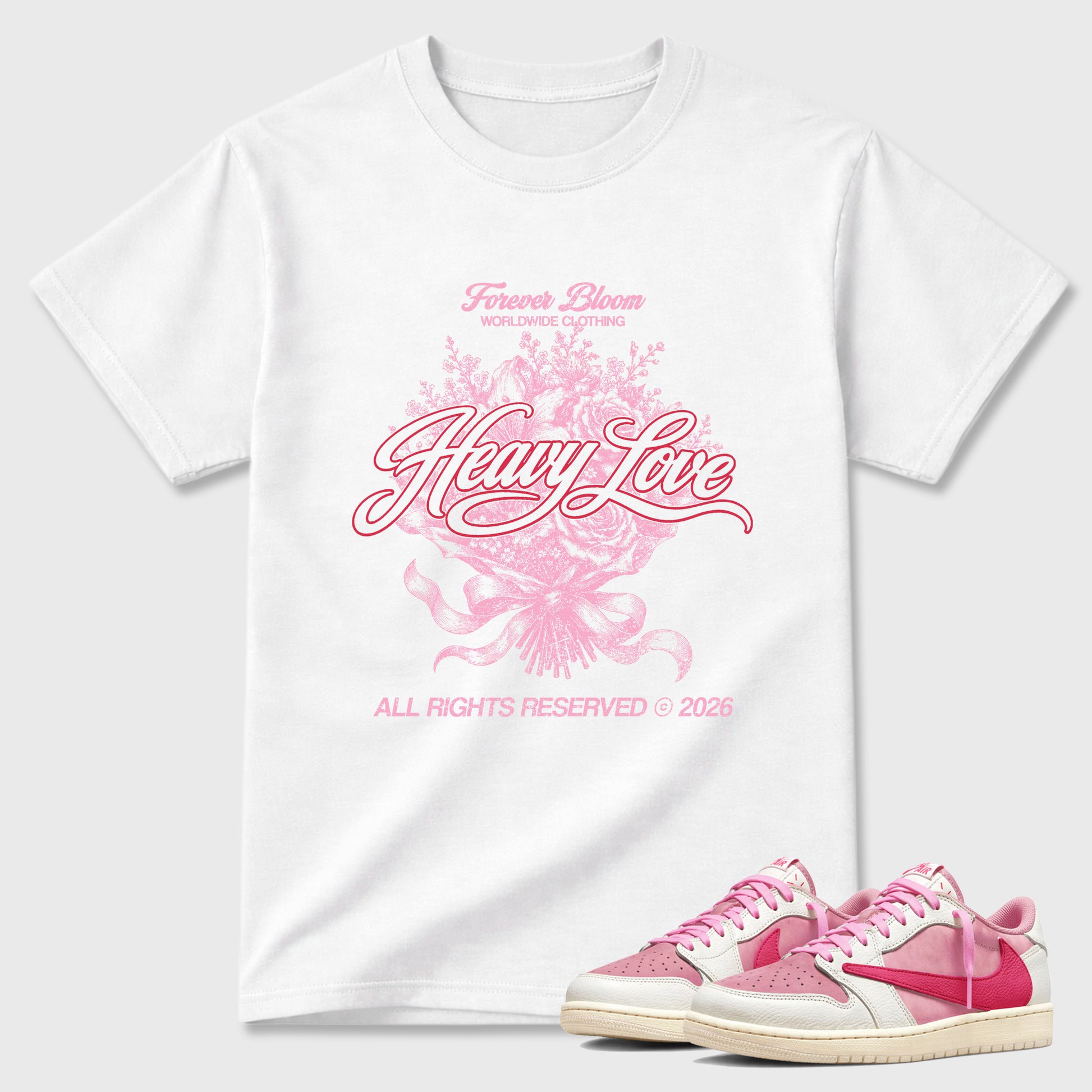 Heavy Love Graphic T-Shirt sneaker match tee designed for the Air Jordan 1 Travis Scott Tropical Pink, featuring coordinated color options for a perfect streetwear match. White 1 shirt.
