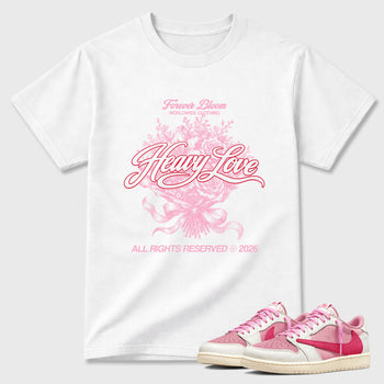Heavy Love Graphic T-Shirt sneaker match tee designed for the Air Jordan 1 Travis Scott Tropical Pink, featuring coordinated color options for a perfect streetwear match. White 1 shirt.