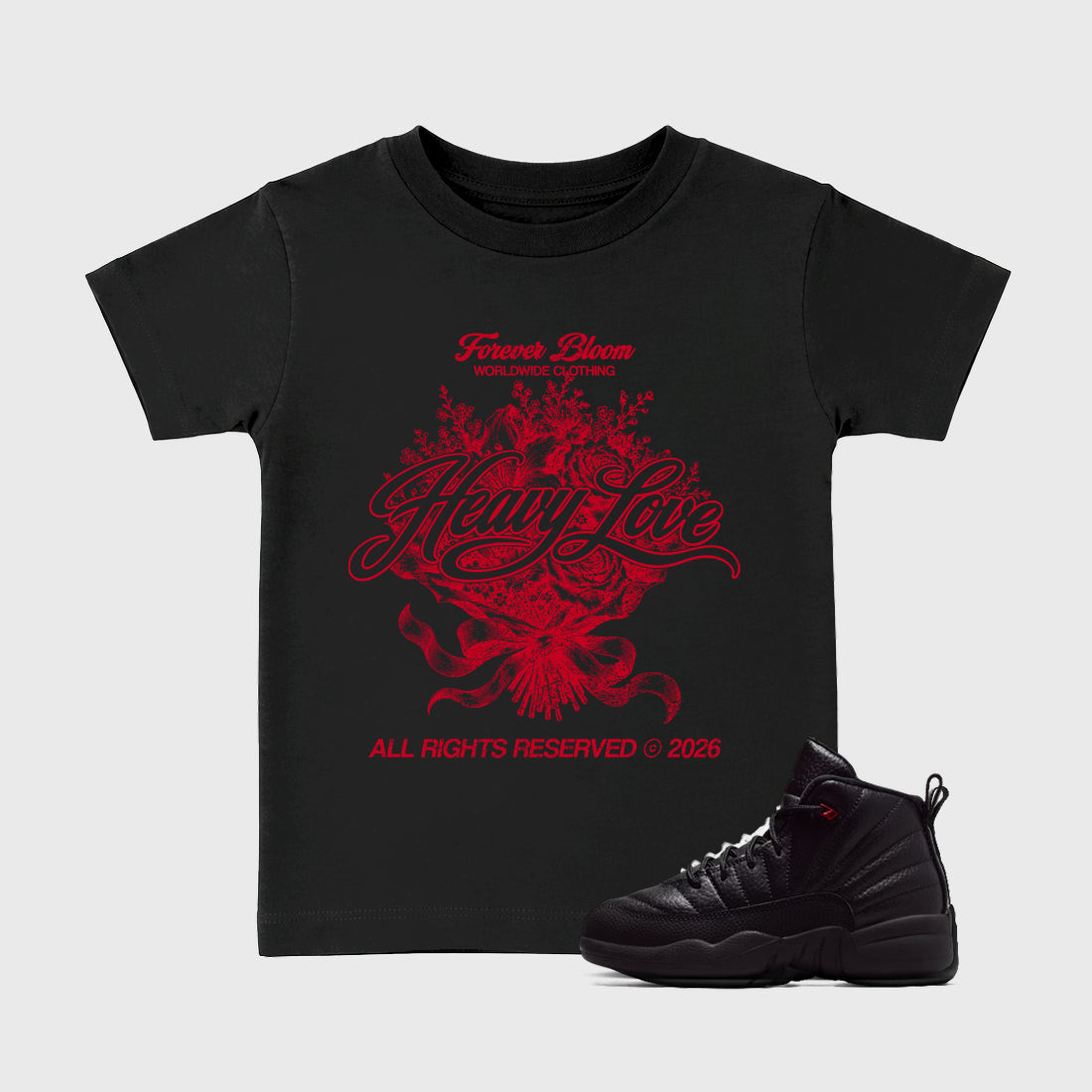 Sneaker match tees – Sneaker Tees To Match Air Jordan 12 Bloodline Shoes – Heavy Love Kids T-Shirt Black 1