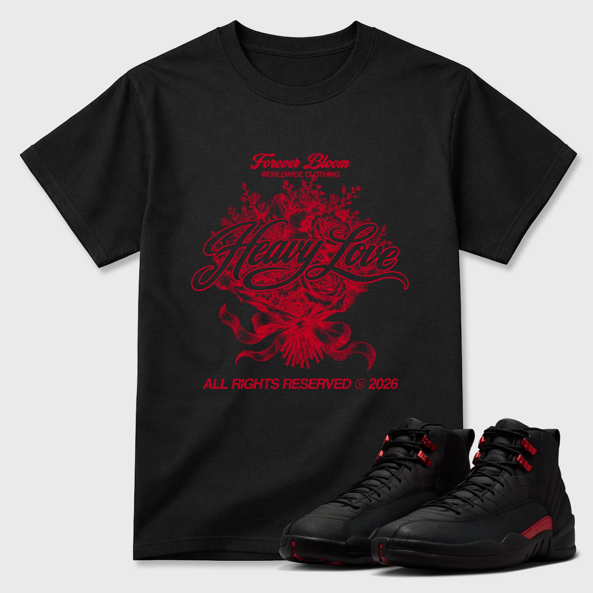 Sneaker match tees – Sneaker Tees To Match Air Jordan 12 Bloodline Shoes – Heavy Love Tee Black 1