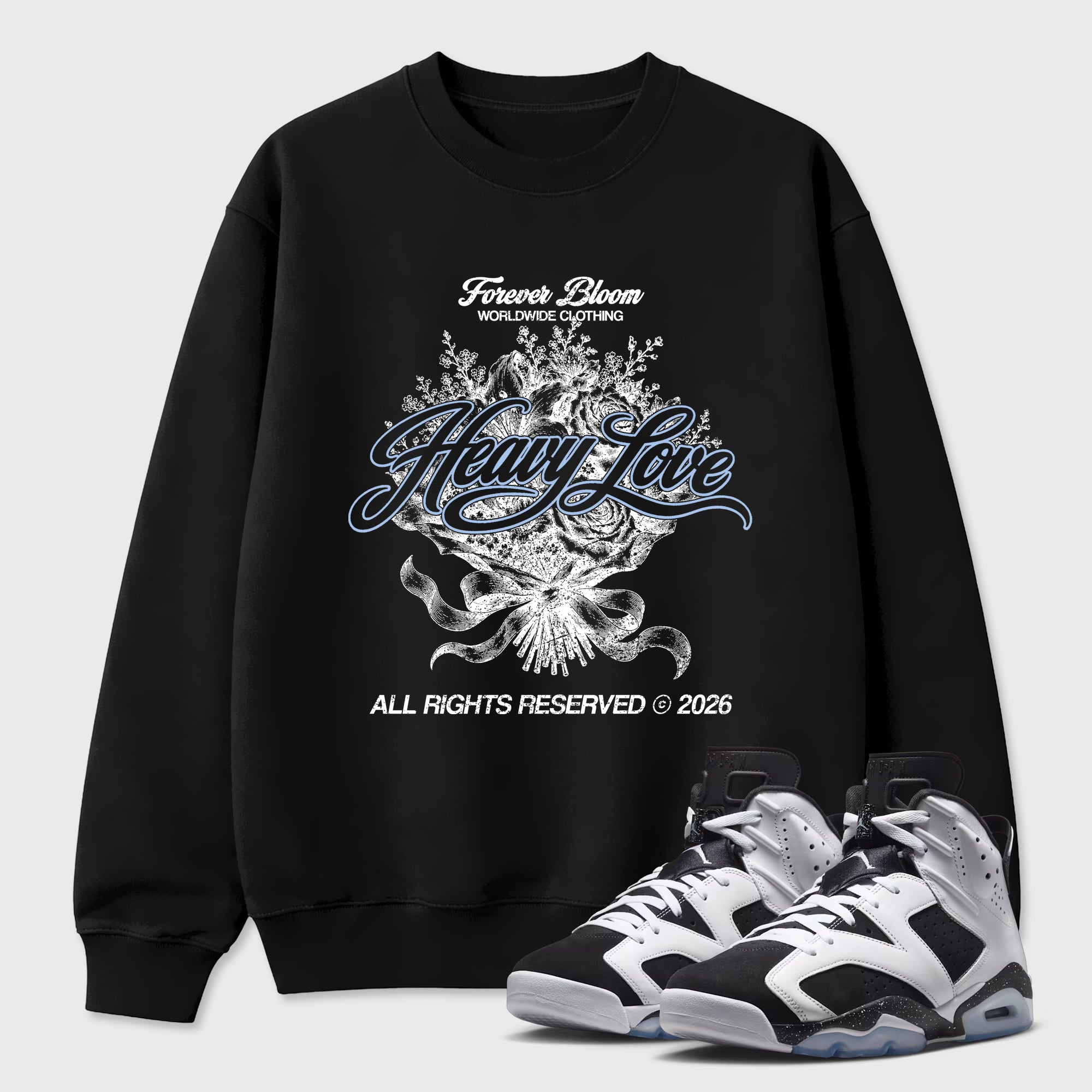 Heavy Love Graphic T-Shirt featuring original streetwear artwork designed to match the Air Jordan 6 Black and White. Black 1 Graphic Tee.