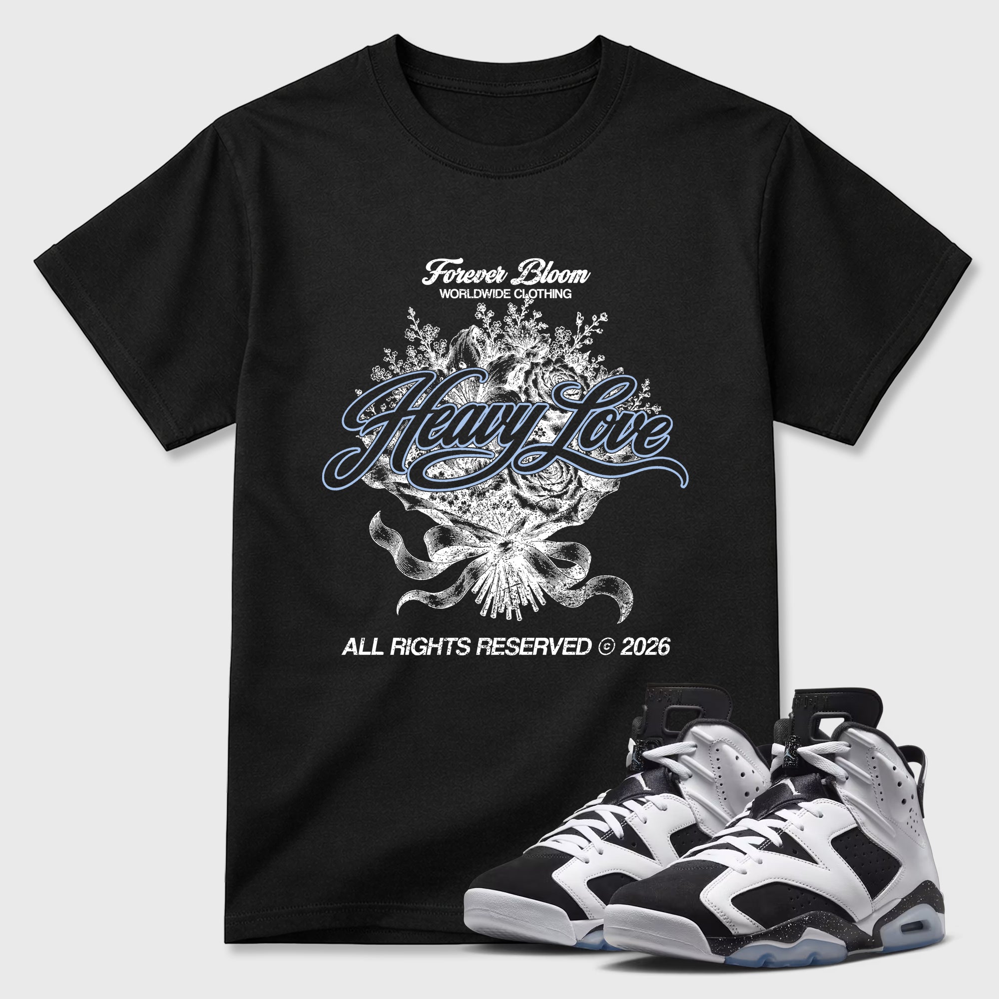Heavy Love Graphic T-Shirt featuring original streetwear artwork designed to match the Air Jordan 6 Black and White. Black 1 Graphic T-Shirt.