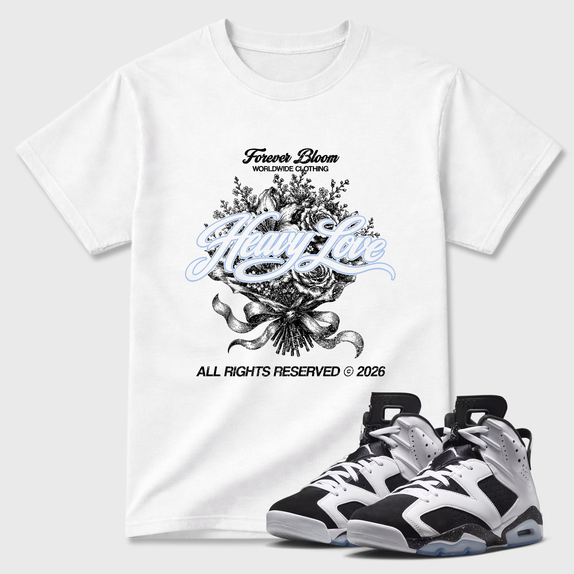 Heavy Love Graphic T-Shirt featuring original streetwear artwork designed to match the Air Jordan 6 Black and White. White 1 Graphic T-Shirt.
