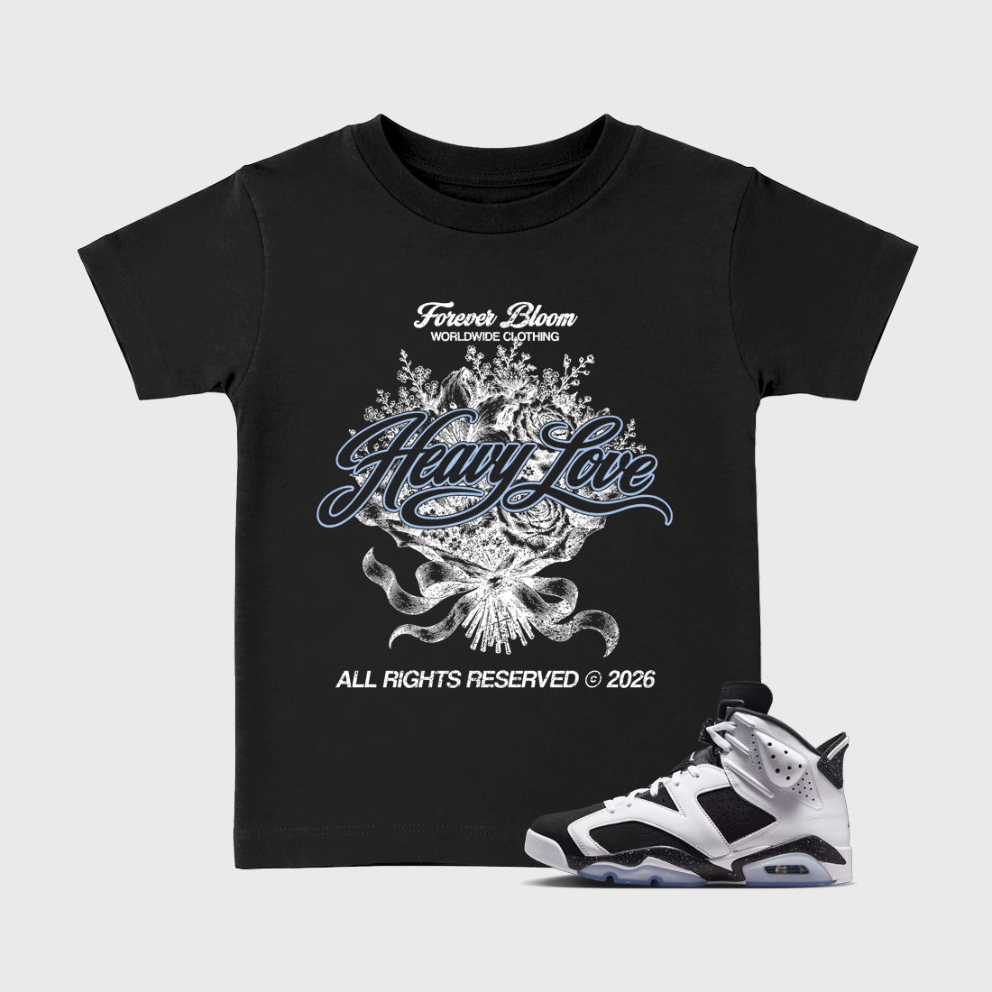 Heavy Love Baby & Kids Graphic T-Shirt featuring original artwork designed to match the Air Jordan 6 Black and White. Black 1 Kids Graphic Tee.