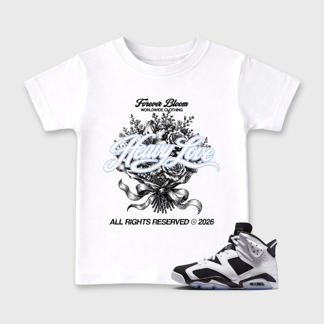 Heavy Love Baby & Kids Graphic T-Shirt featuring original artwork designed to match the Air Jordan 6 Black and White. White 1 Kids Graphic Tee.