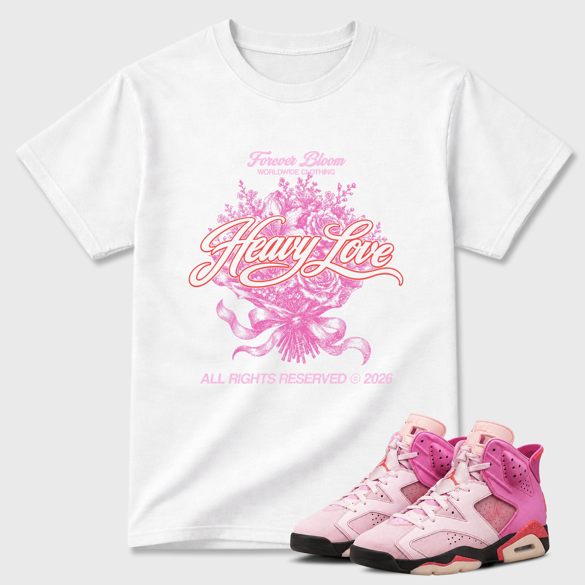 Heavy Love Graphic T-Shirt featuring original streetwear artwork designed to match the Air Jordan 6 Playful Pink. White 1 Graphic T-Shirt.