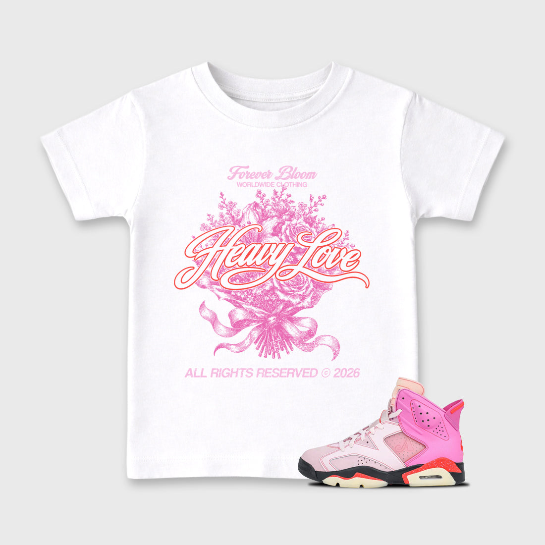 Heavy Love Baby & Kids Graphic T-Shirt featuring original artwork designed to match the Air Jordan 6 Playful Pink. White 1 Kids Graphic Tee.