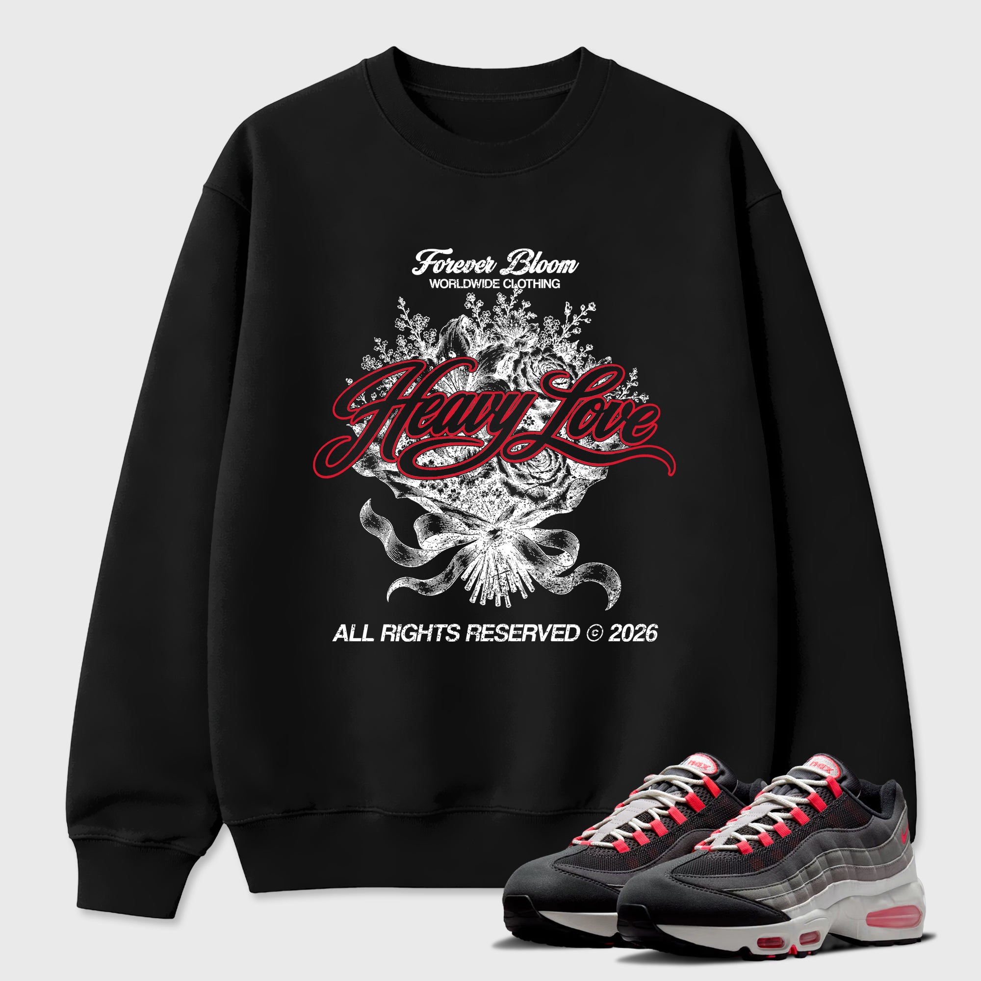 Heavy Love Graphic T-Shirt featuring original streetwear artwork designed to match the Air Max 95 Reverse Solar Red. Black 1 Graphic Tee.