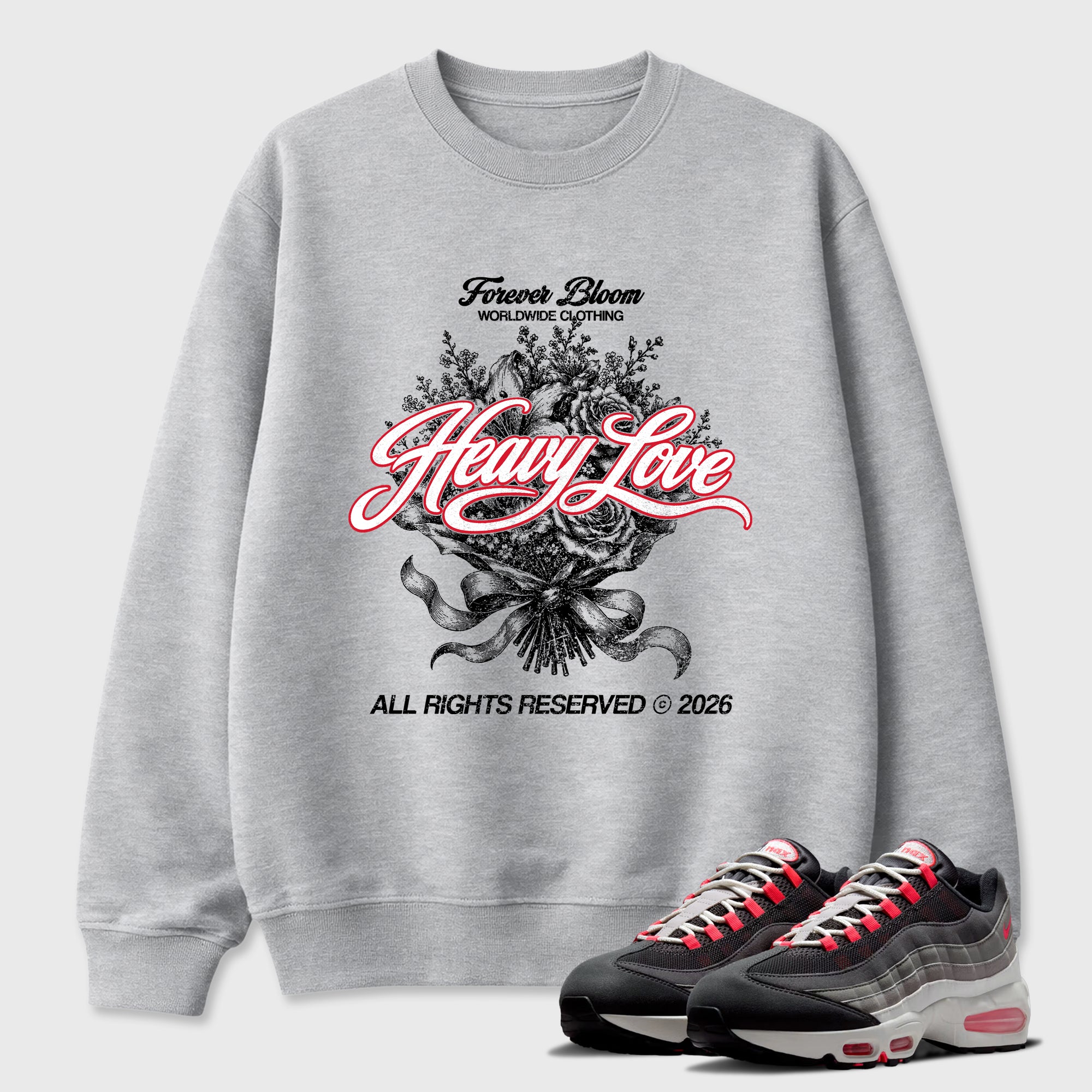 Heavy Love Graphic T-Shirt featuring original streetwear artwork designed to match the Air Max 95 Reverse Solar Red. Heather Grey 1 Graphic Tee.