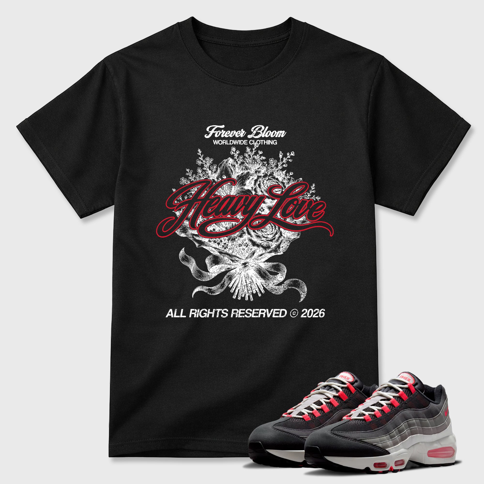 Heavy Love Graphic T-Shirt featuring original streetwear artwork designed to match the Air Max 95 Reverse Solar Red. Black 1 Graphic T-Shirt.