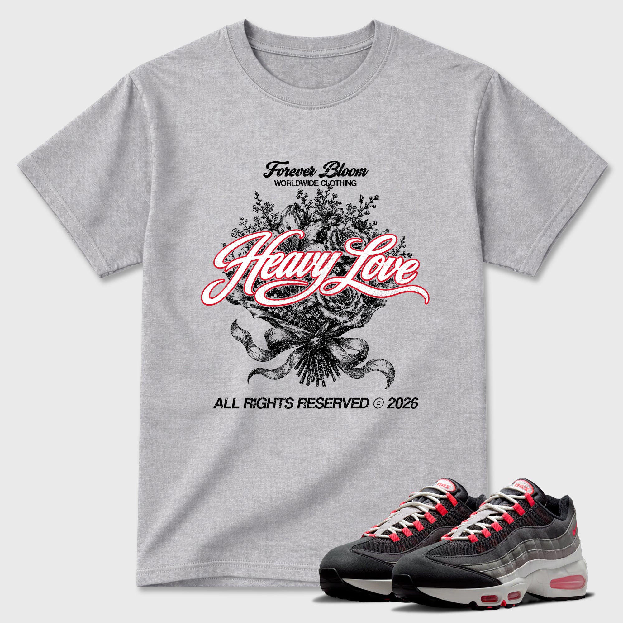 Heavy Love Graphic T-Shirt featuring original streetwear artwork designed to match the Air Max 95 Reverse Solar Red. Heather Grey 1 Graphic T-Shirt.