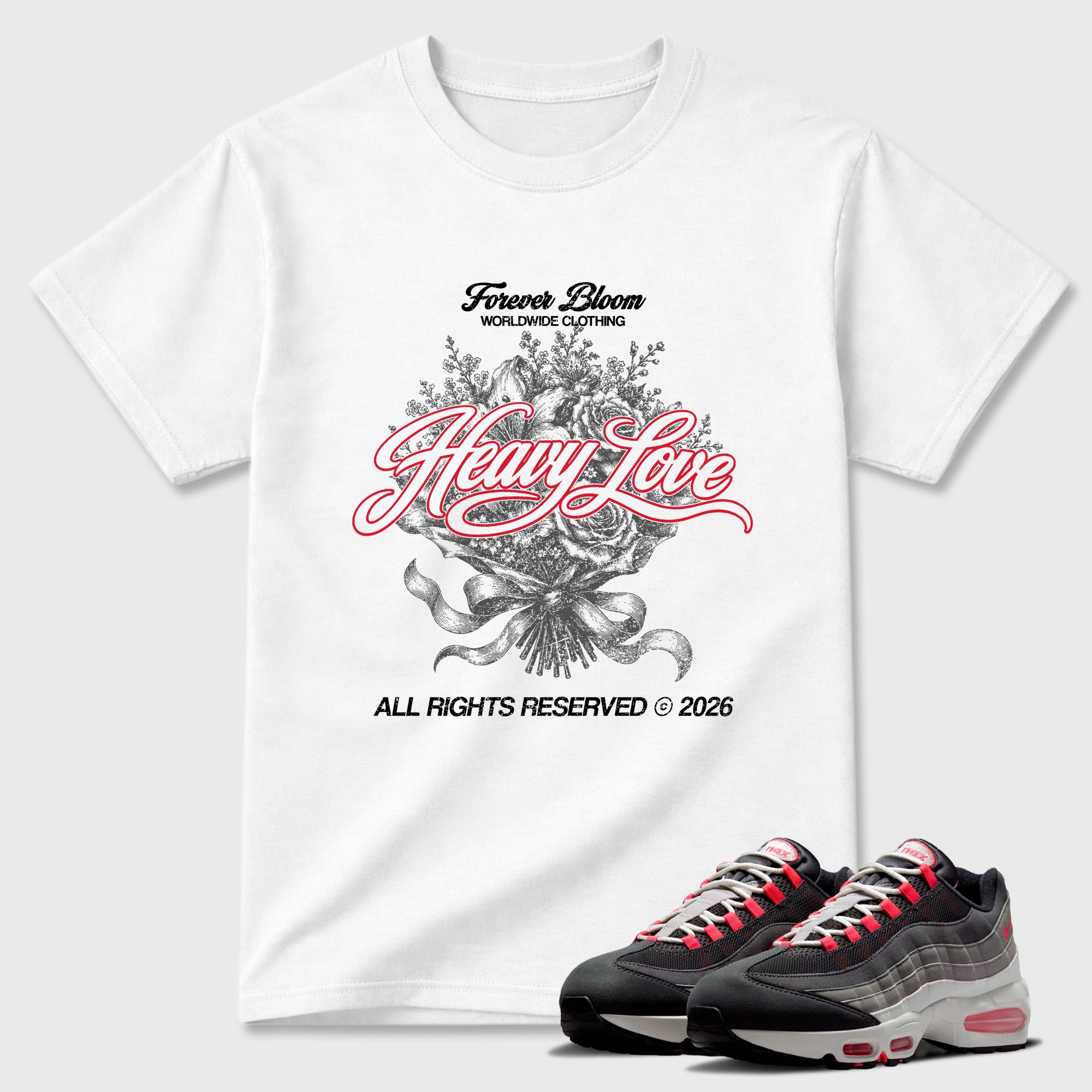 Heavy Love Graphic T-Shirt featuring original streetwear artwork designed to match the Air Max 95 Reverse Solar Red. White 1 Graphic T-Shirt.