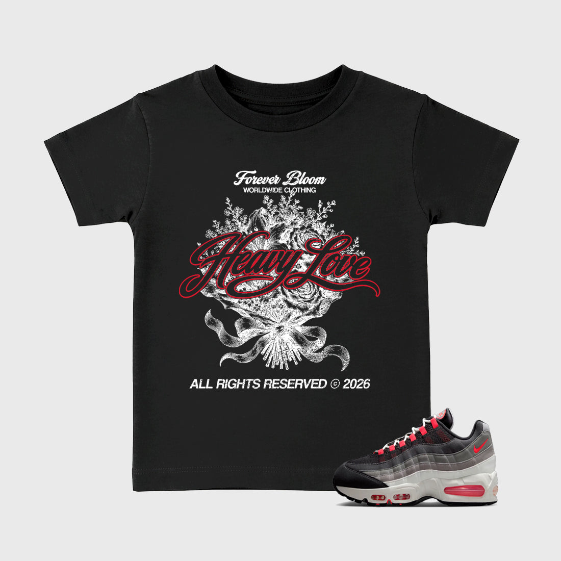 Heavy Love Baby & Kids Graphic T-Shirt featuring original artwork designed to match the Air Max 95 Reverse Solar Red. Black 1 Kids Graphic Tee.