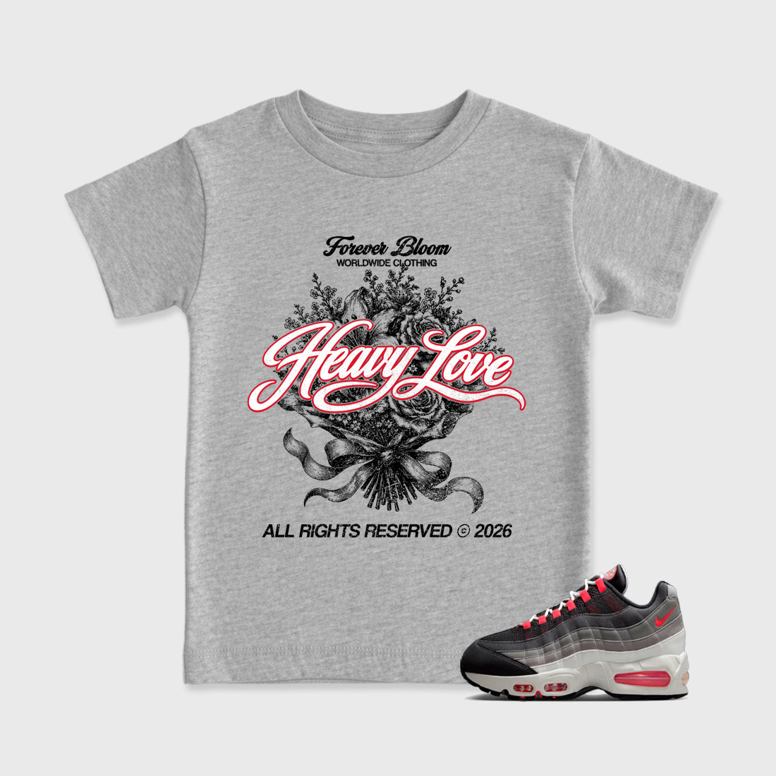 Heavy Love Baby & Kids Graphic T-Shirt featuring original artwork designed to match the Air Max 95 Reverse Solar Red. Heather Grey 1 Kids Graphic Tee.