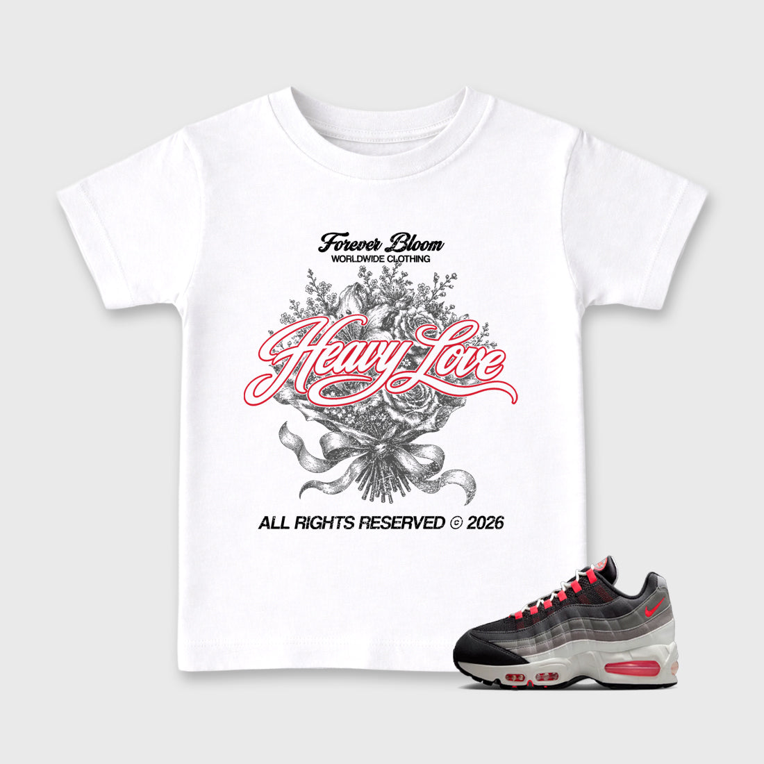 Heavy Love Baby & Kids Graphic T-Shirt featuring original artwork designed to match the Air Max 95 Reverse Solar Red. White 1 Kids Graphic Tee.