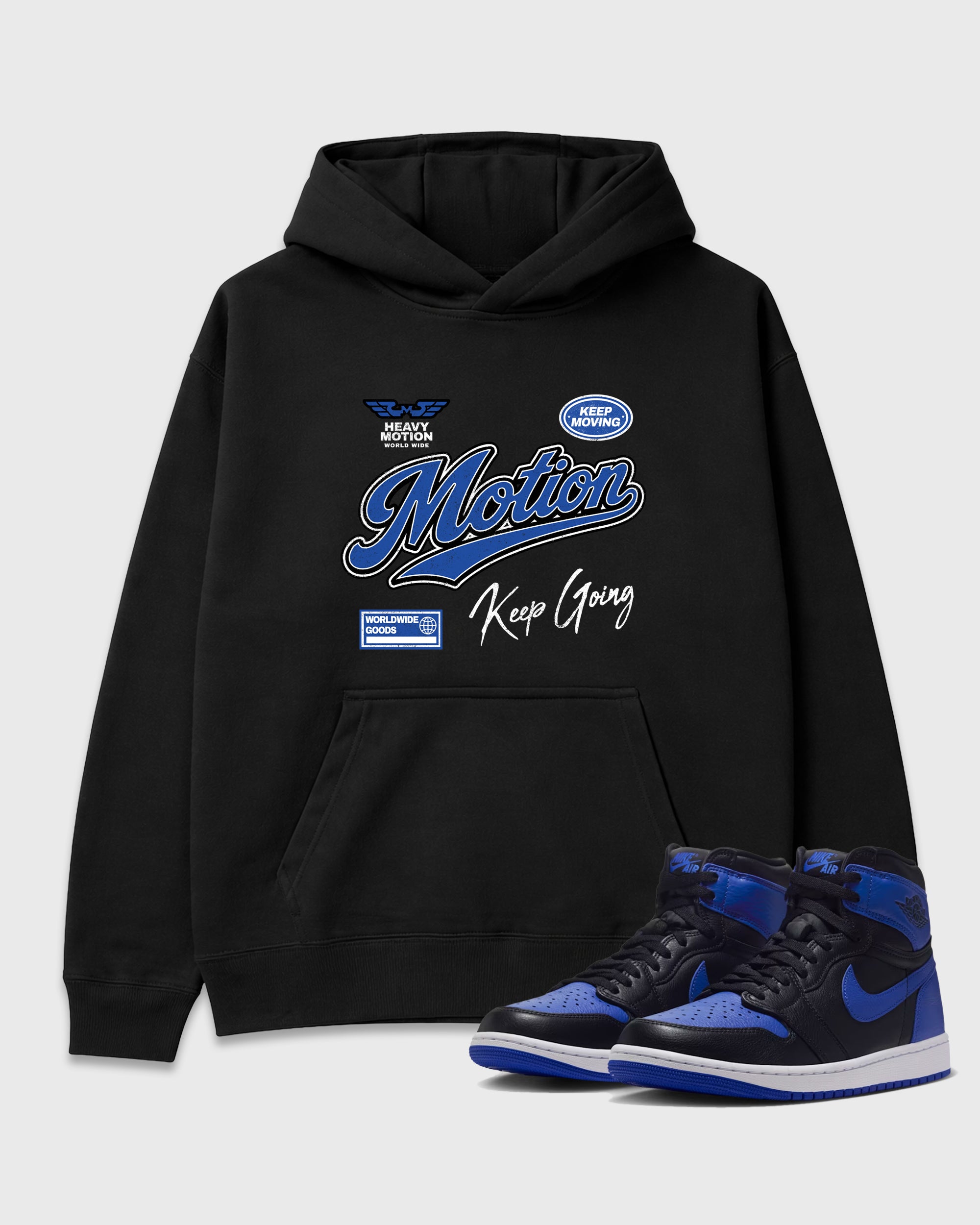 Heavy Motion Graphic T-Shirt featuring original streetwear artwork designed to match the Air Jordan 1 Royal. Black 1 Graphic Tee.