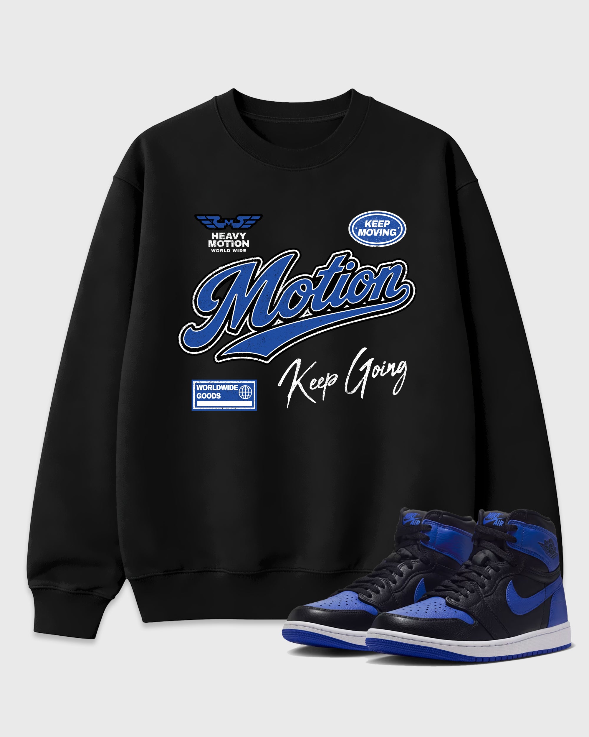 Heavy Motion Graphic T-Shirt featuring original streetwear artwork designed to match the Air Jordan 1 Royal. Black 1 Graphic Tee.