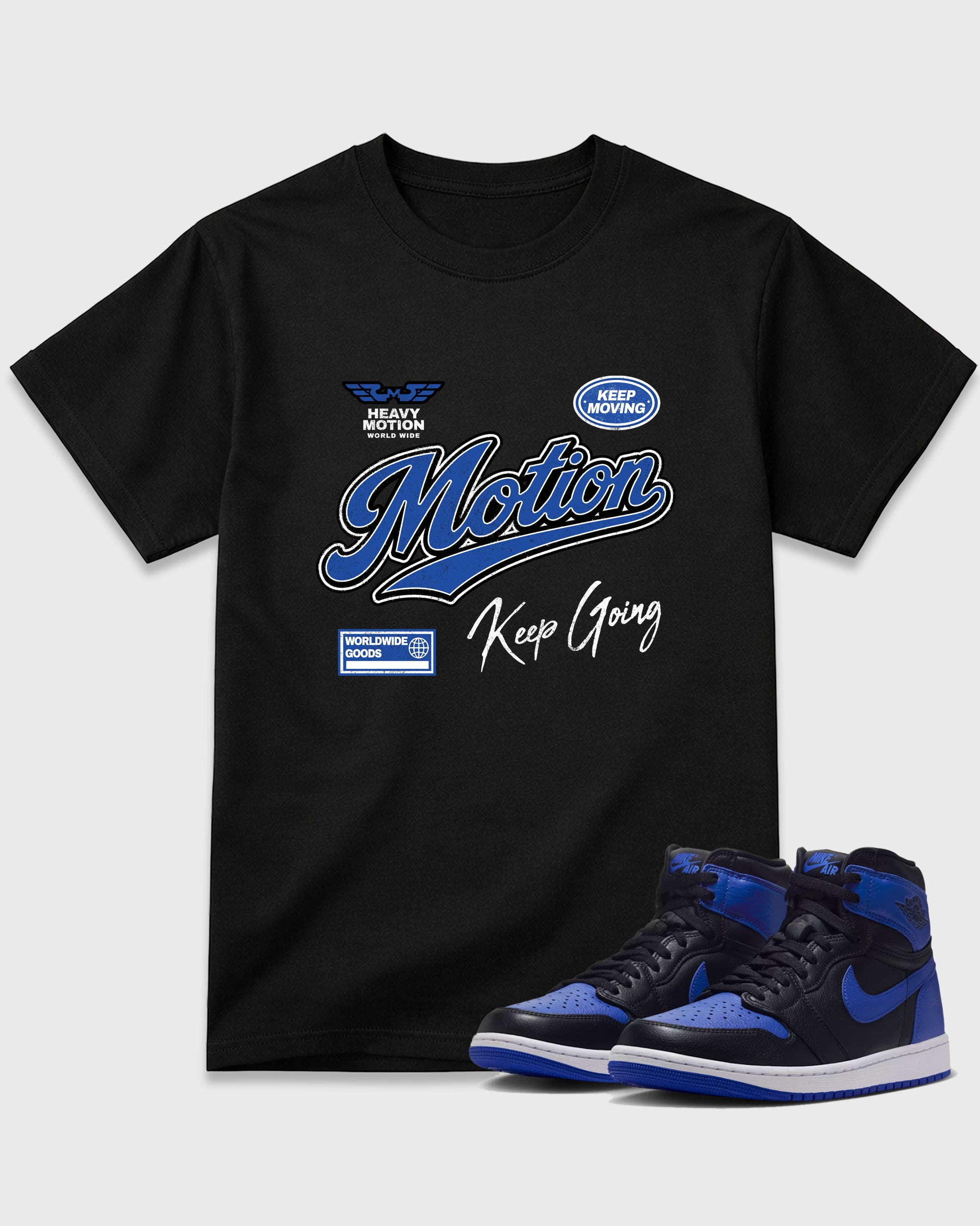 Heavy Motion Graphic T-Shirt featuring original streetwear artwork designed to match the Air Jordan 1 Royal. Black 1 Graphic T-Shirt.