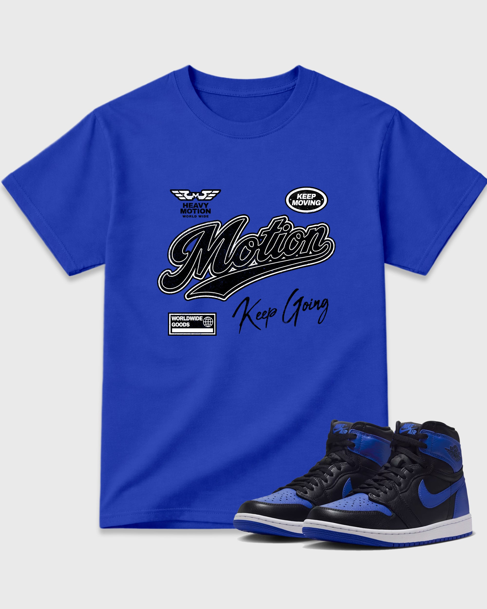 Heavy Motion Graphic T-Shirt featuring original streetwear artwork designed to match the Air Jordan 1 Royal. Royal Blue 1 Graphic T-Shirt.