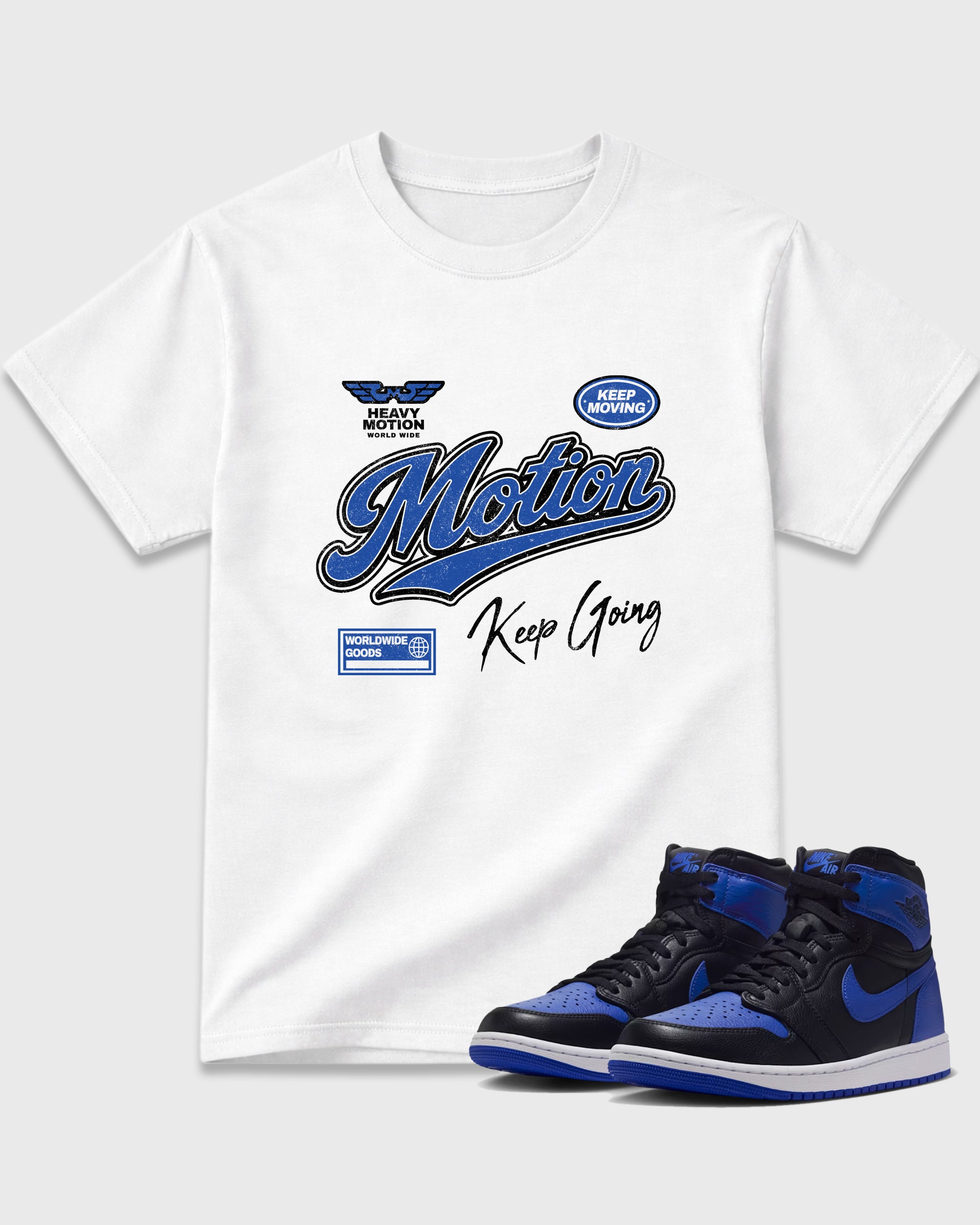 Heavy Motion Graphic T-Shirt featuring original streetwear artwork designed to match the Air Jordan 1 Royal. White 1 Graphic T-Shirt.