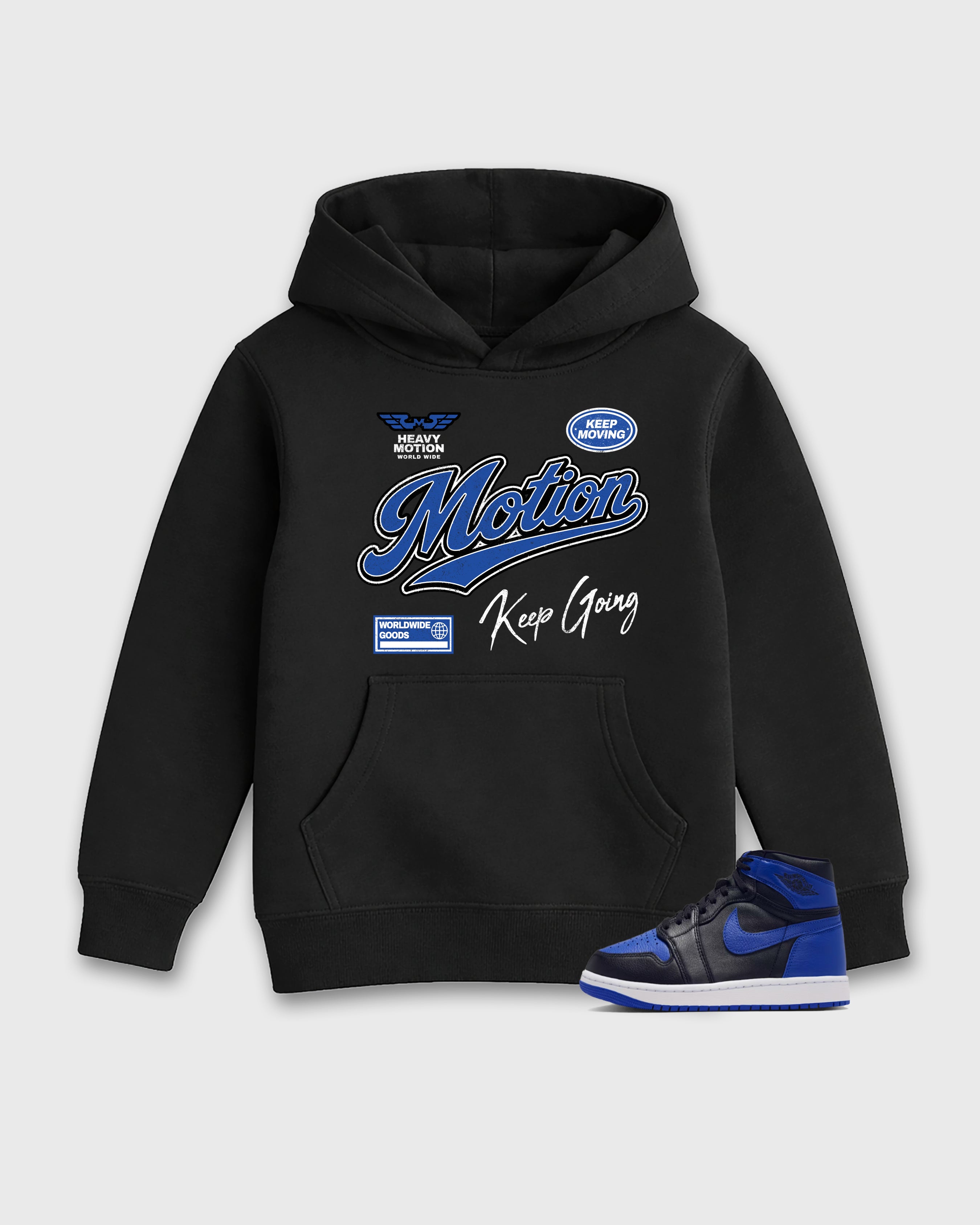 Heavy Motion Baby & Kids Graphic Hoodie featuring original artwork designed to match the Air Jordan 1 Royal. Black 1 Kids Graphic Sweater.