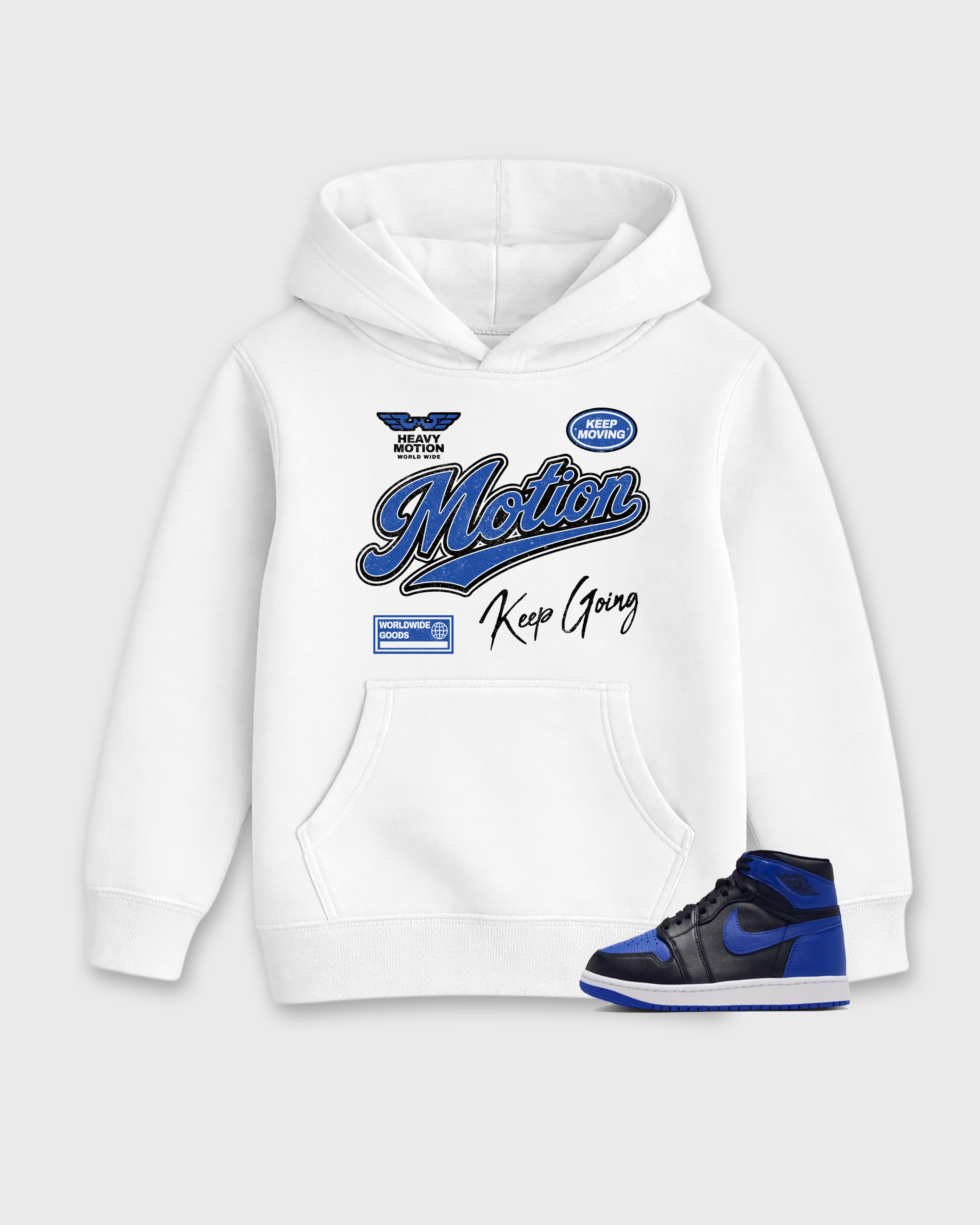 Heavy Motion Baby & Kids Graphic Hoodie featuring original artwork designed to match the Air Jordan 1 Royal. White 1 Kids Graphic Sweater.