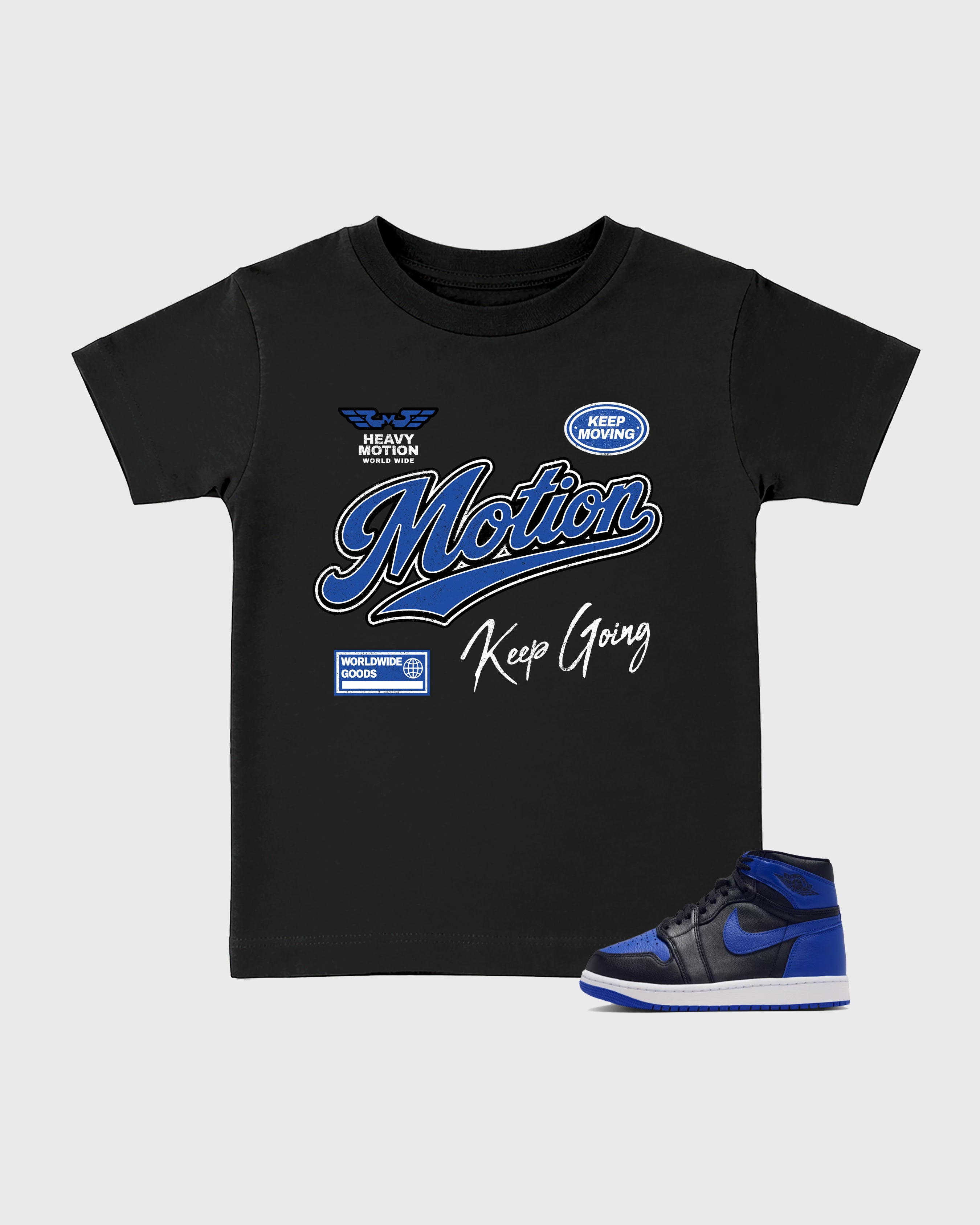 Heavy Motion Baby & Kids Graphic T-Shirt featuring original artwork designed to match the Air Jordan 1 Royal. Black 1 Kids Graphic Tee.
