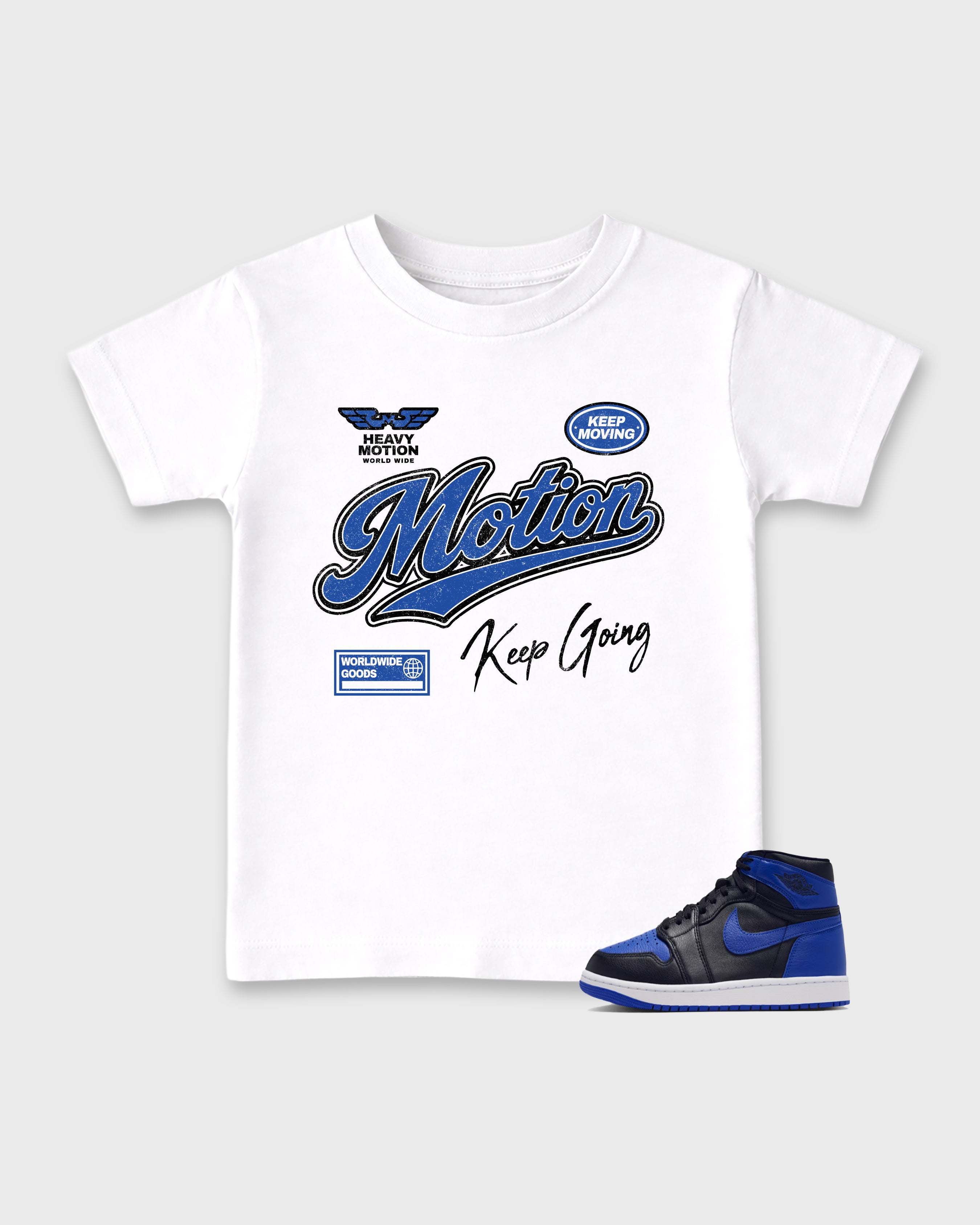 Heavy Motion Baby & Kids Graphic T-Shirt featuring original artwork designed to match the Air Jordan 1 Royal. White 1 Kids Graphic Tee.