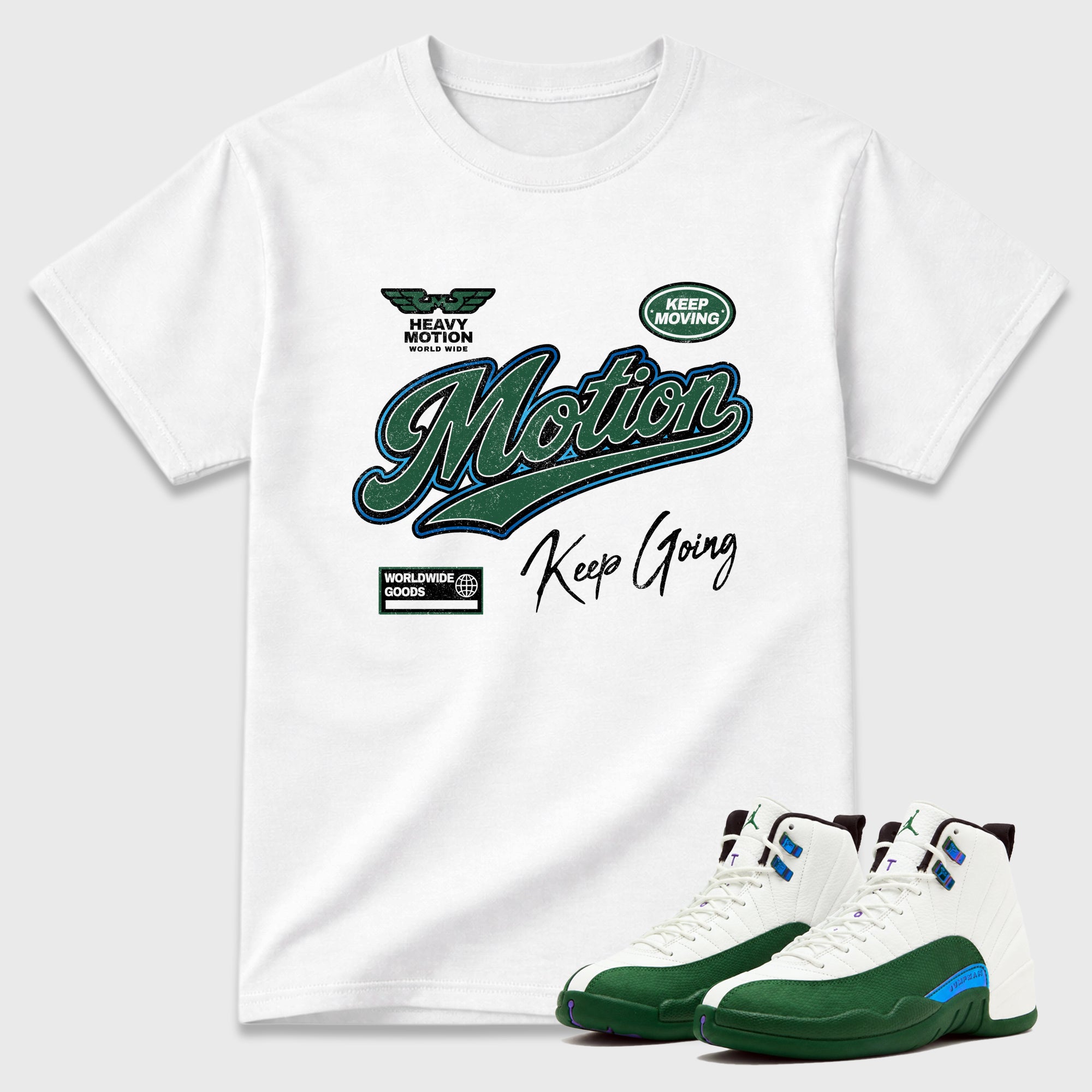 Heavy Motion Graphic T-Shirt featuring original streetwear artwork designed to match the Air Jordan 12 Summit Green. White 1 Graphic T-Shirt.