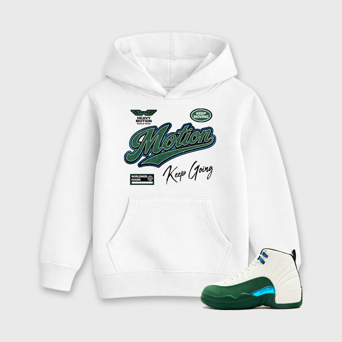 Heavy Motion Baby & Kids Graphic Hoodie featuring original artwork designed to match the Air Jordan 12 Summit Green. White 1 Kids Graphic Sweater.