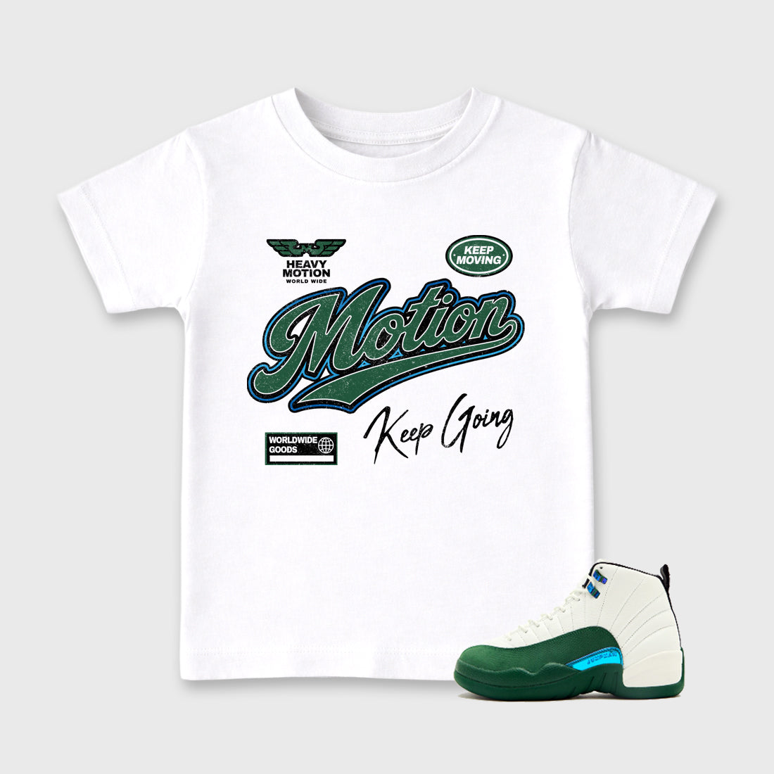 Heavy Motion Baby & Kids Graphic T-Shirt featuring original artwork designed to match the Air Jordan 12 Summit Green. White 1 Kids Graphic Tee.