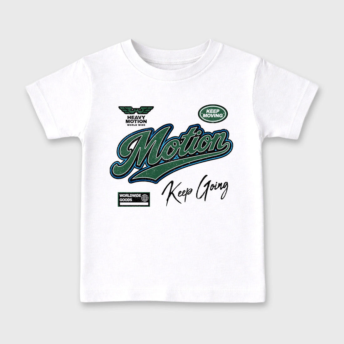 Heavy Motion Baby & Kids Graphic T-Shirt featuring original artwork designed to match the Air Jordan 12 Summit Green. White 2 Kids Graphic Tee.