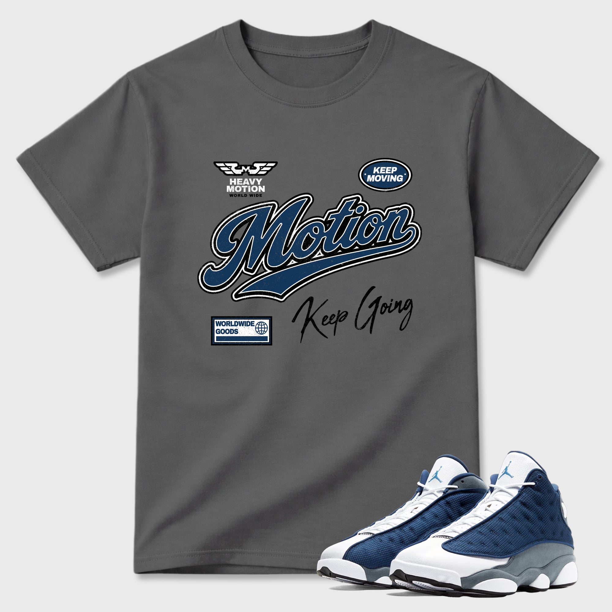 Heavy Motion Graphic T-Shirt featuring original streetwear artwork designed to match the Air Jordan 13 Flint. Cool Grey 1 Graphic T-Shirt.