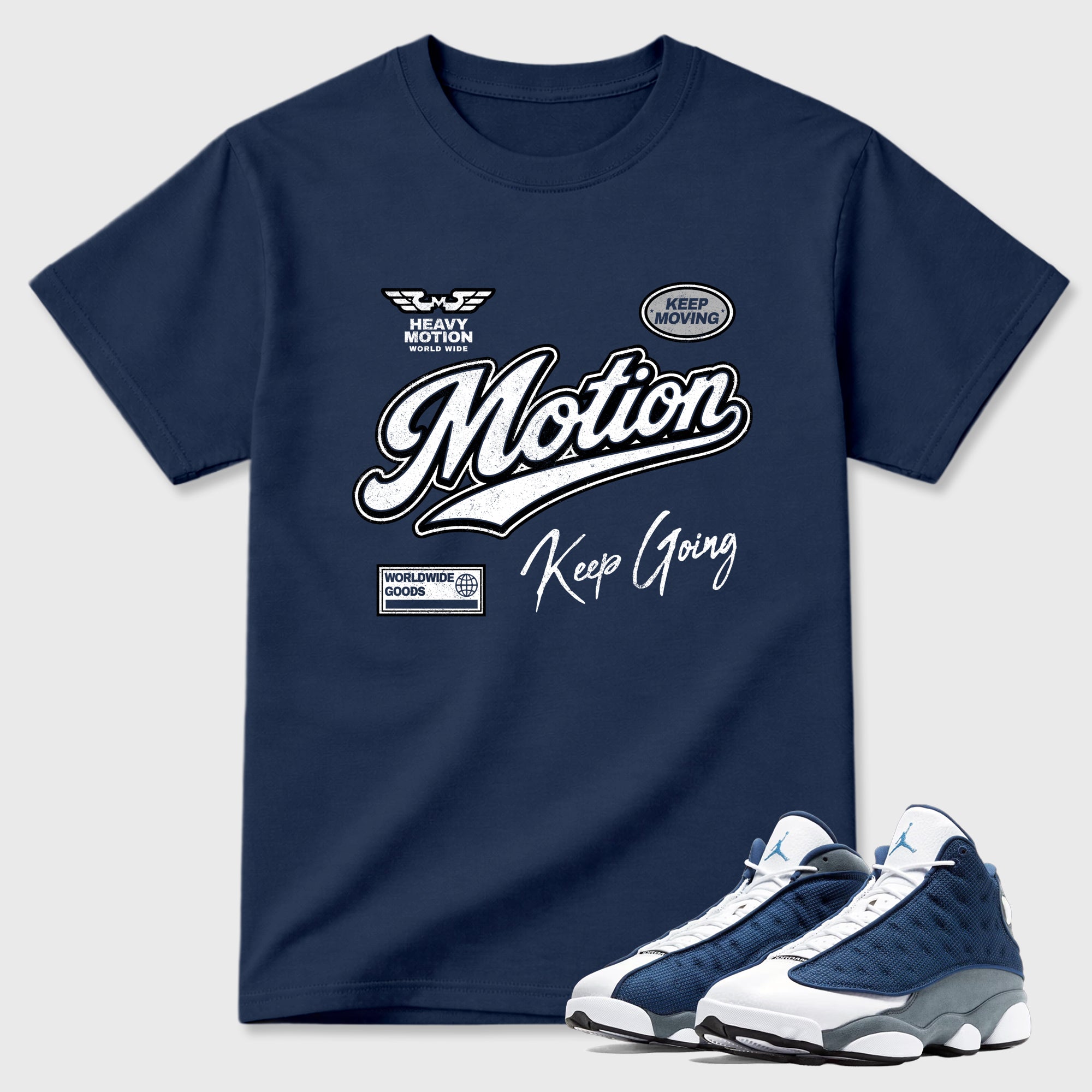 Heavy Motion Graphic T-Shirt featuring original streetwear artwork designed to match the Air Jordan 13 Flint. Navy 1 Graphic T-Shirt.