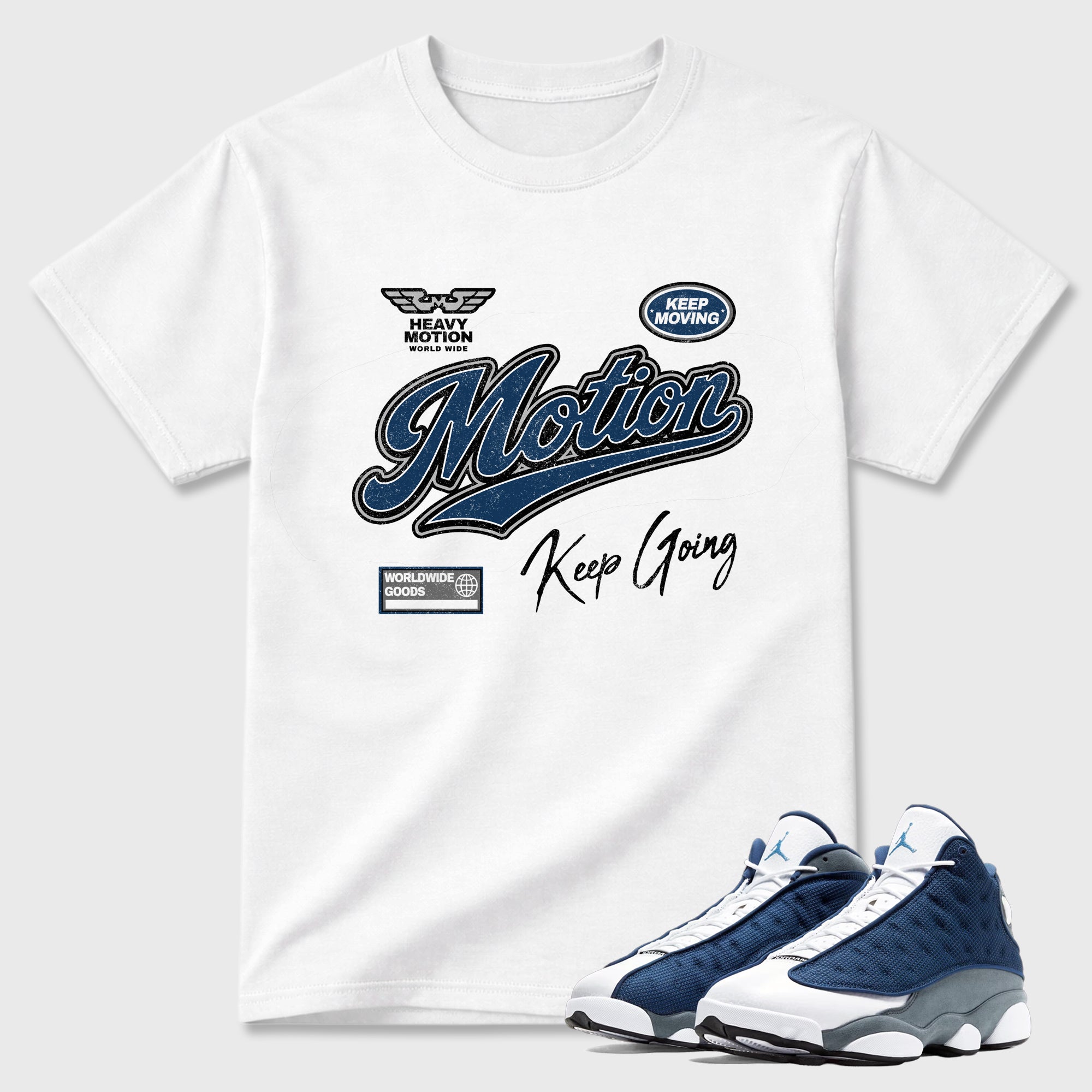 Heavy Motion Graphic T-Shirt featuring original streetwear artwork designed to match the Air Jordan 13 Flint. White 1 Graphic T-Shirt.