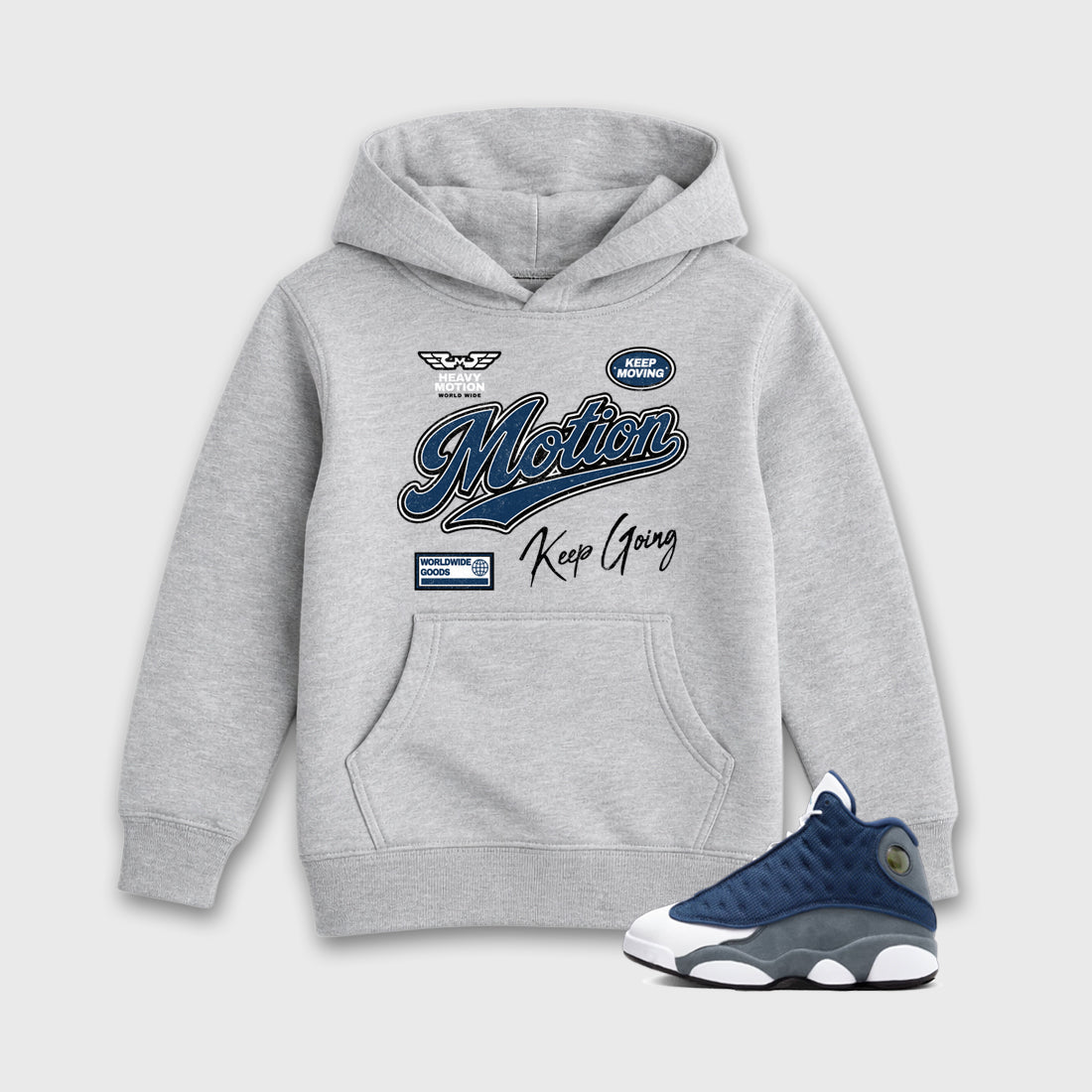 Heavy Motion Baby & Kids Graphic Hoodie featuring original artwork designed to match the Air Jordan 13 Flint. Heather Grey 1 Kids Graphic Sweater.