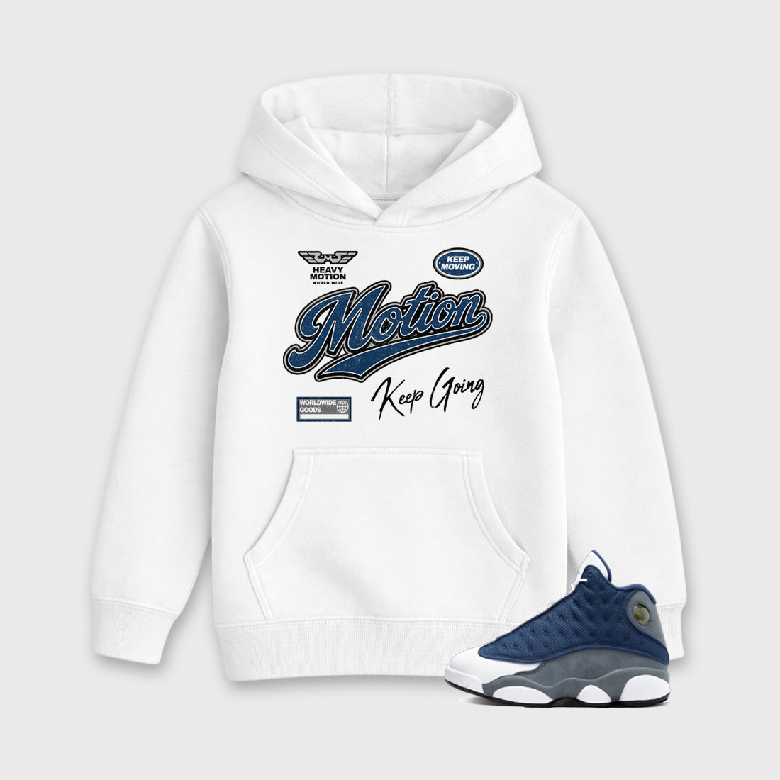 Heavy Motion Baby & Kids Graphic Hoodie featuring original artwork designed to match the Air Jordan 13 Flint. White 1 Kids Graphic Sweater.