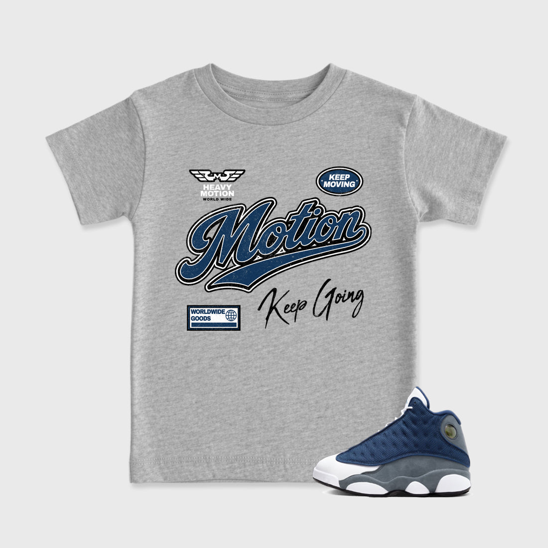 Heavy Motion Baby & Kids Graphic T-Shirt featuring original artwork designed to match the Air Jordan 13 Flint. Heather Grey 1 Kids Graphic Tee.