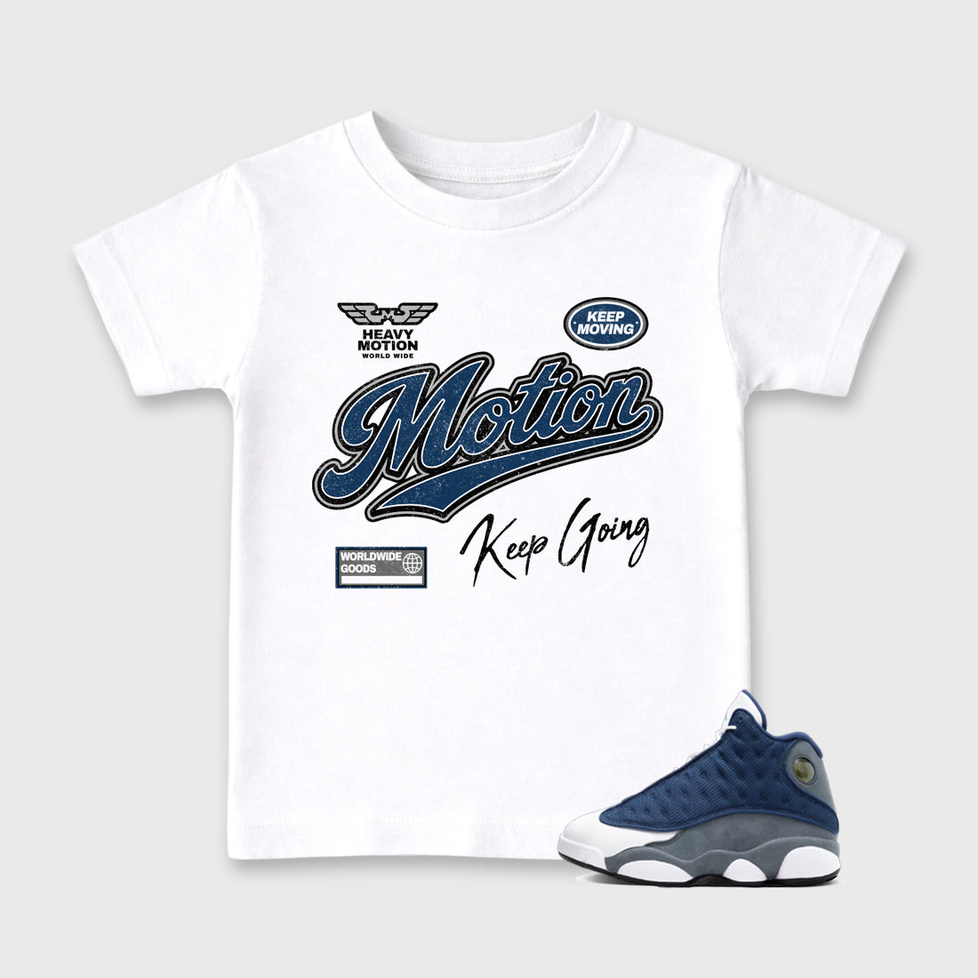 Heavy Motion Baby & Kids Graphic T-Shirt featuring original artwork designed to match the Air Jordan 13 Flint. White 1 Kids Graphic Tee.