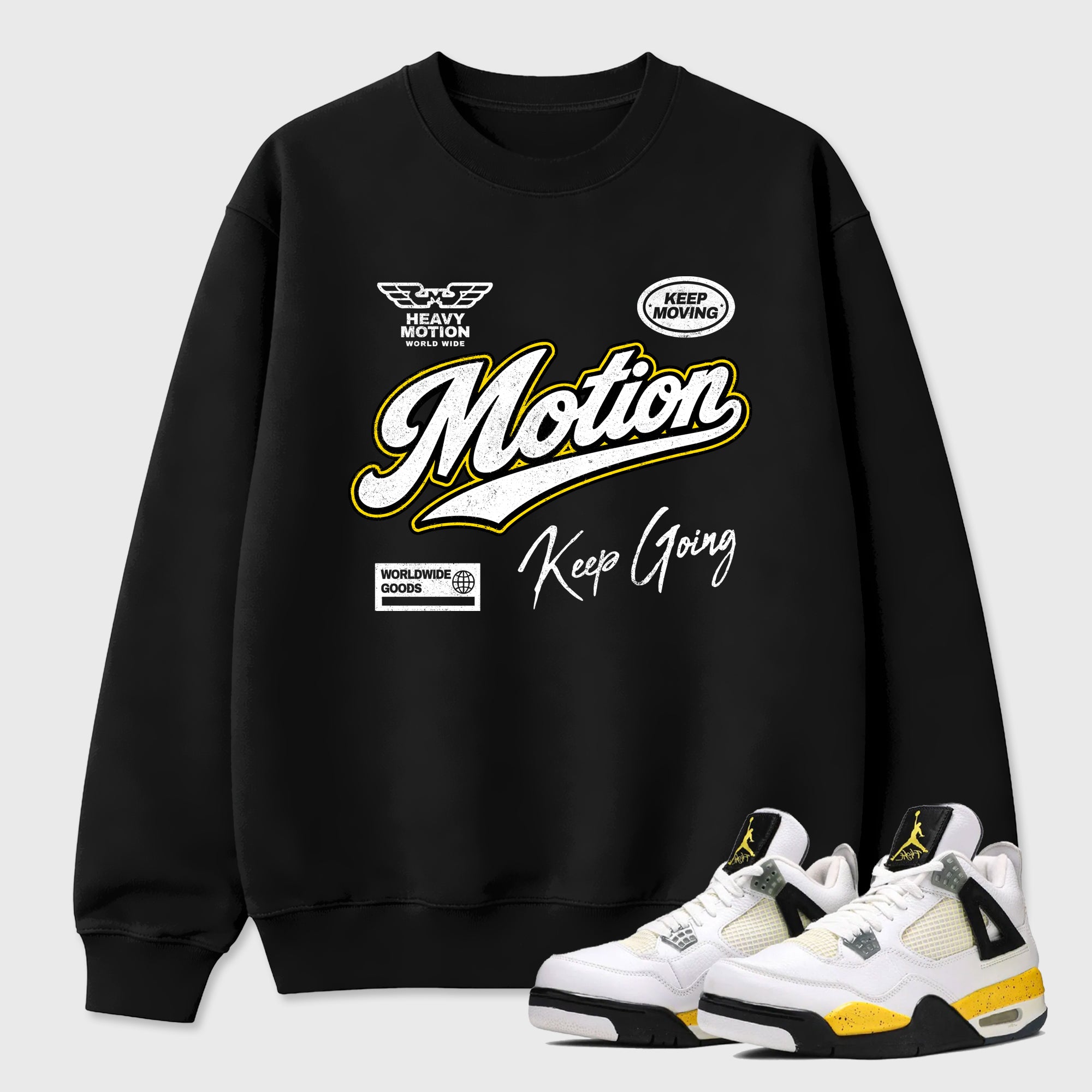 Heavy Motion Graphic T-Shirt featuring original streetwear artwork designed to match the Air Jordan 4 Tour Yellow. Black 1 Graphic Tee.