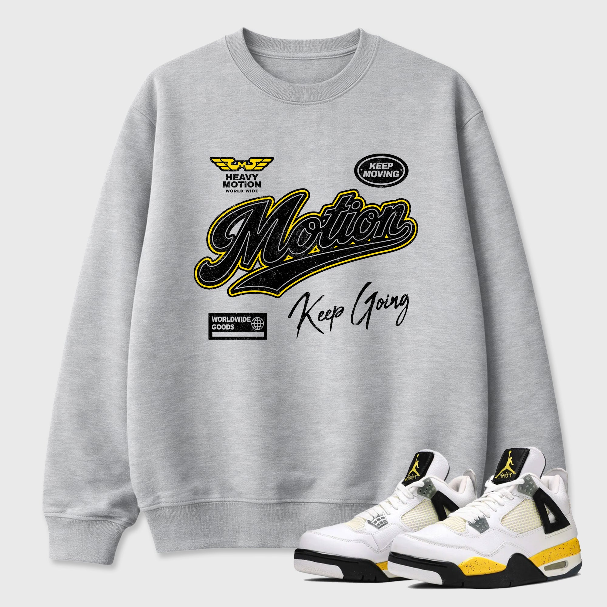 Heavy Motion Graphic T-Shirt featuring original streetwear artwork designed to match the Air Jordan 4 Tour Yellow. Heather Grey 1 Graphic Tee.