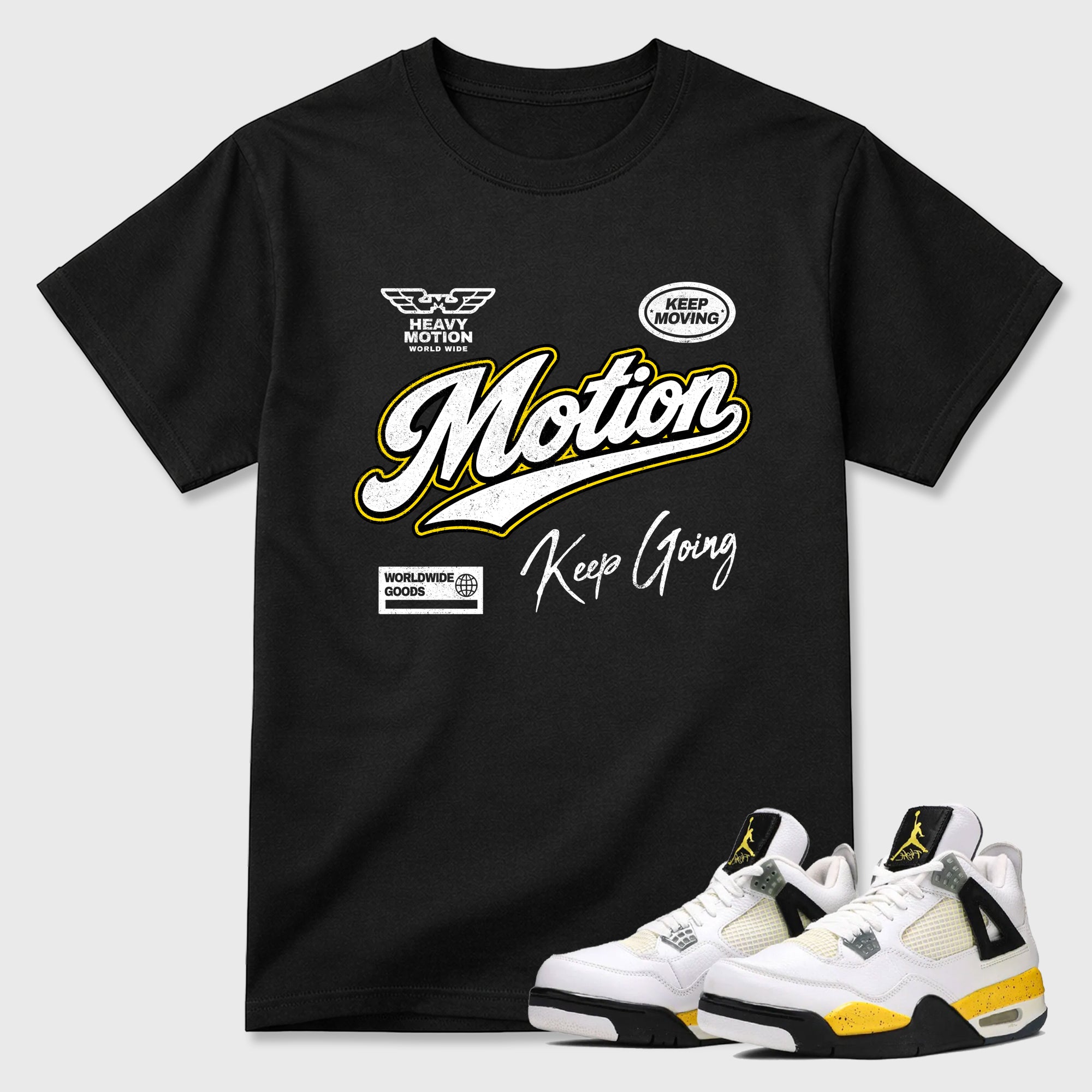 Heavy Motion Graphic T-Shirt featuring original streetwear artwork designed to match the Air Jordan 4 Tour Yellow. Black 1 Graphic T-Shirt.