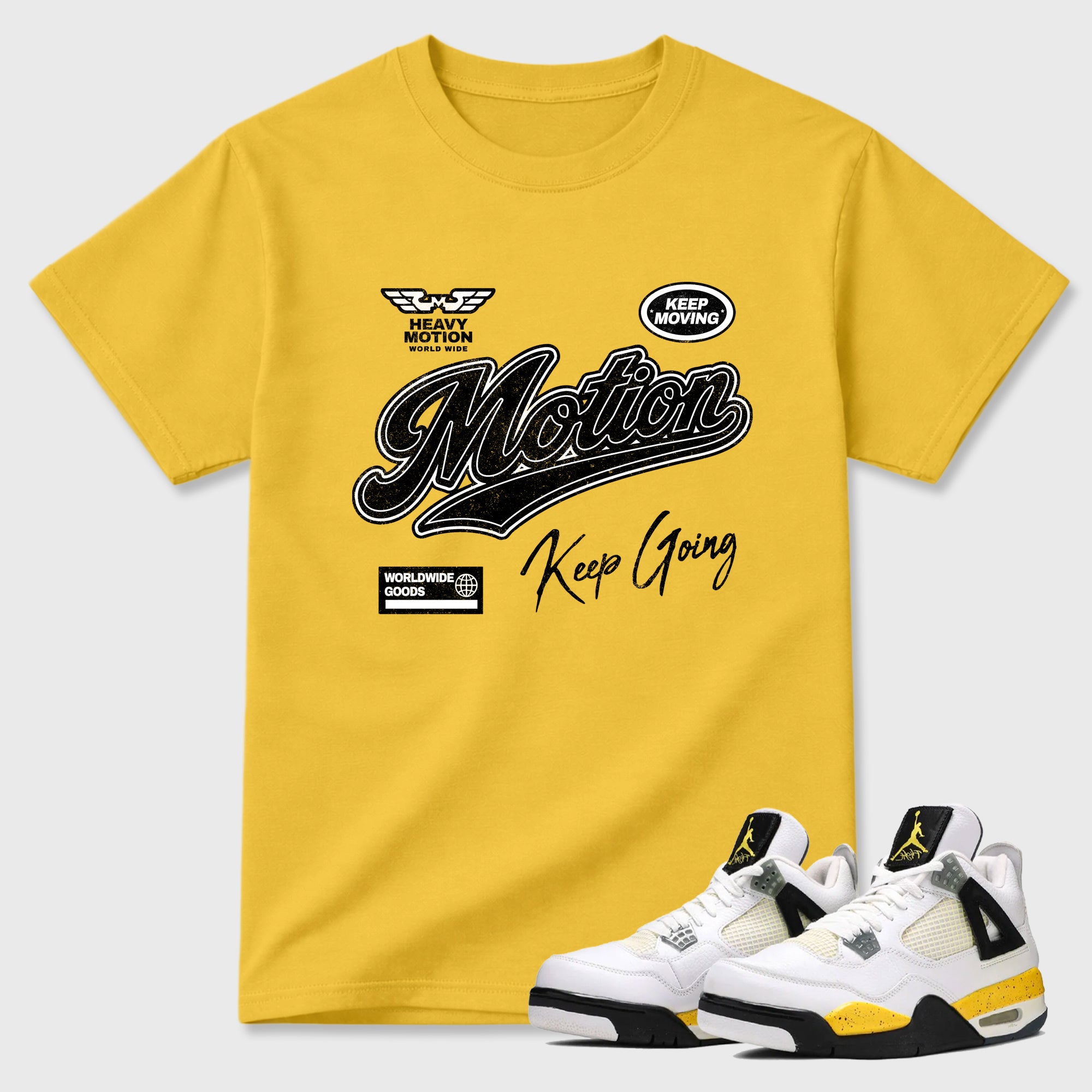 Heavy Motion Graphic T-Shirt featuring original streetwear artwork designed to match the Air Jordan 4 Tour Yellow. Daisy 1 Graphic T-Shirt.