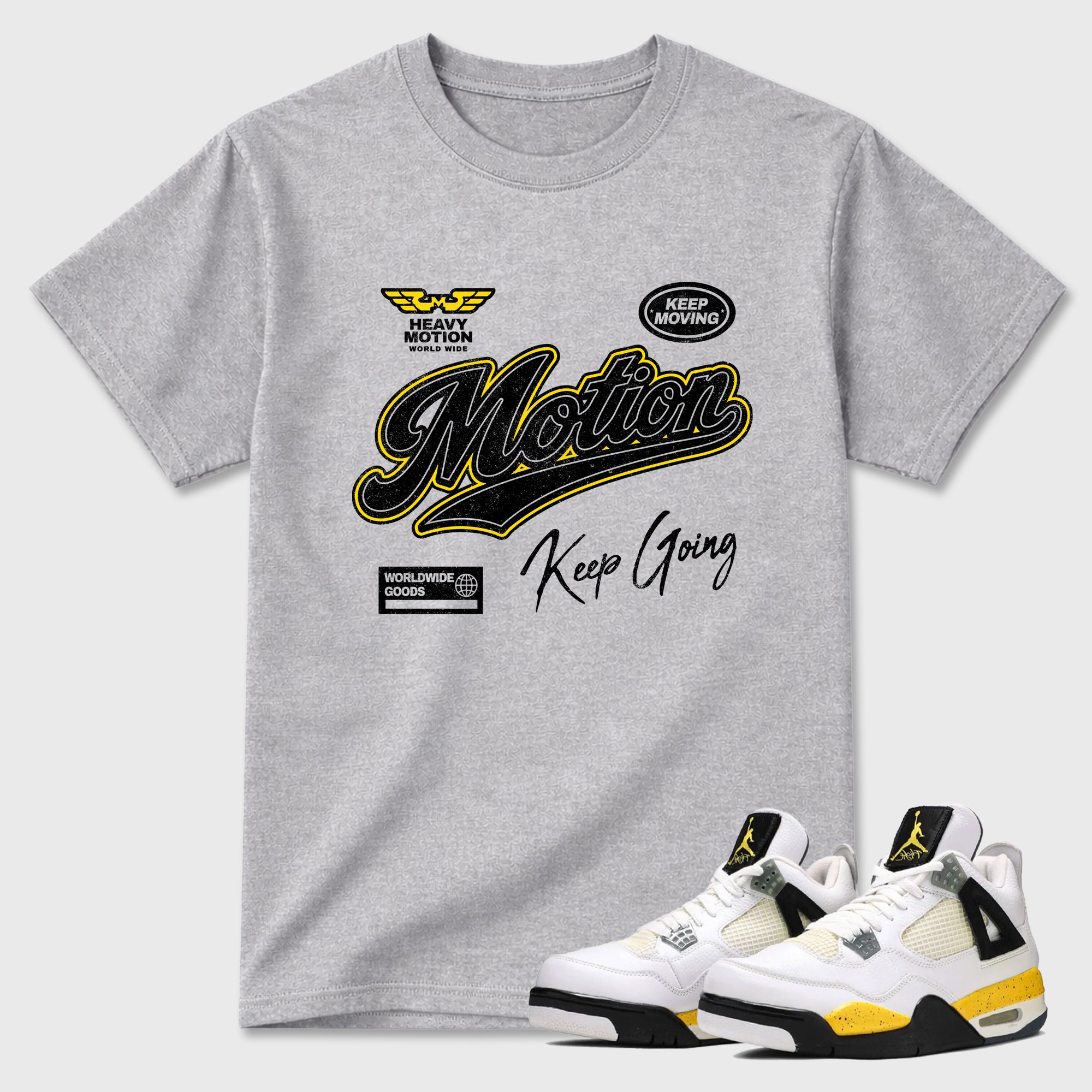 Heavy Motion Graphic T-Shirt featuring original streetwear artwork designed to match the Air Jordan 4 Tour Yellow. Heather Grey 1 Graphic T-Shirt.